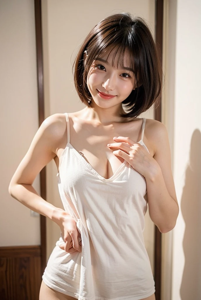 ????? lace frill apron with open ?????, masterpiece, best quality, ultra-detailed, kawaii, cute, lovely, cute 1girl:1.1, robe, beautiful hair, beautiful brown eyes, beautiful eyes, white-skinned, flat ??????, tiny ??????, necklace, smile, ashamed, ??????, shiny-glistening, gleaming, cute, ((wearing ????? very short_透けたapron with open ????? :1.1))、standing up straight、photo from the waist up、((body facing the viewer))、太もも、
