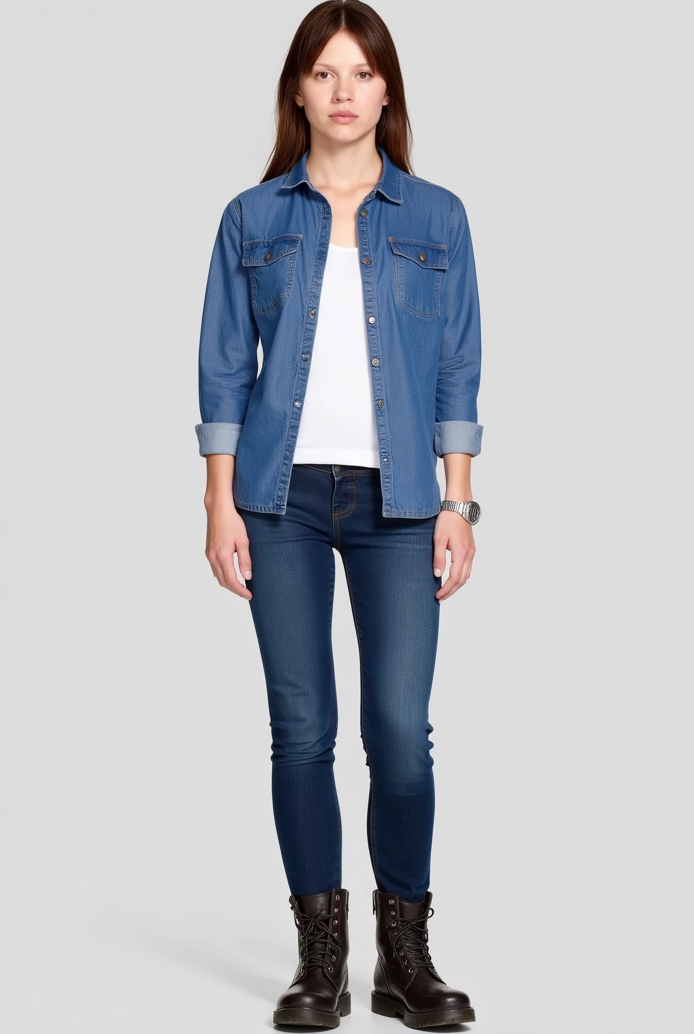 Young Woman A blue long sleeve button shirt (Chambray or similar), that she wears with the sleeves rolled up. A white t-shirt underneath the button shirt. Blue denim pants Robust black or brown work boots and silver wrist watch. Olhando pra camera 