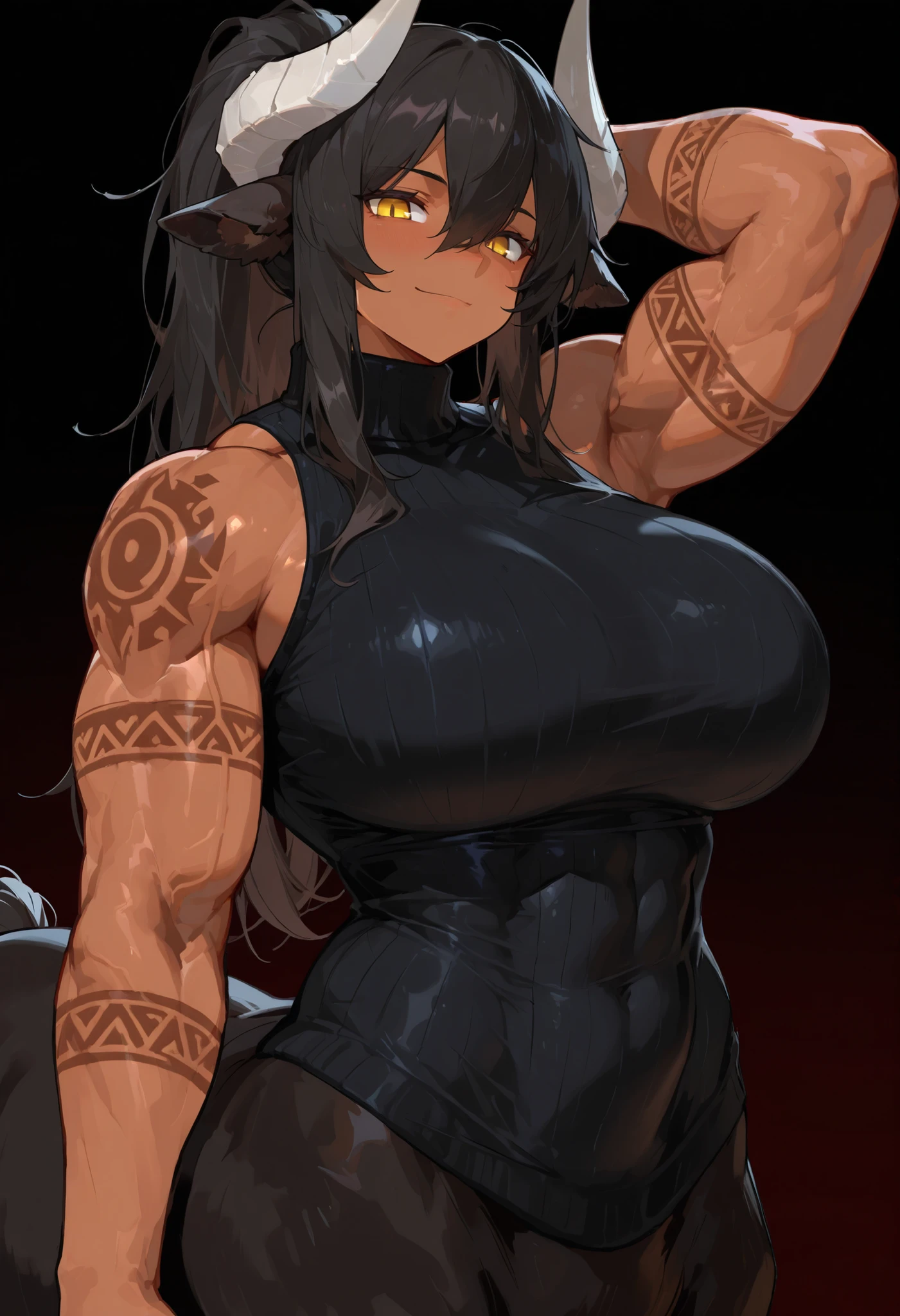(masterpiece, best quality:1.2), extremely detailed, detailed hair, soft lighting, volumetric lighting, intricate details, finely detailed,mature female, 1girl, solo, looking at viewer, contrapposto , muscular, muscular female, huge breasts, thick thighs, (cross-laced clothes, black dress), (blunt bangs, sidecut , comb over , purple hair ,gradient hair ),, , makeup, lipstick, black lips, ,( pale skin:1.2), smirk , , sweat, sunset, glowing sky, fading light, serene, <lora:shadV6.1LOL:1>