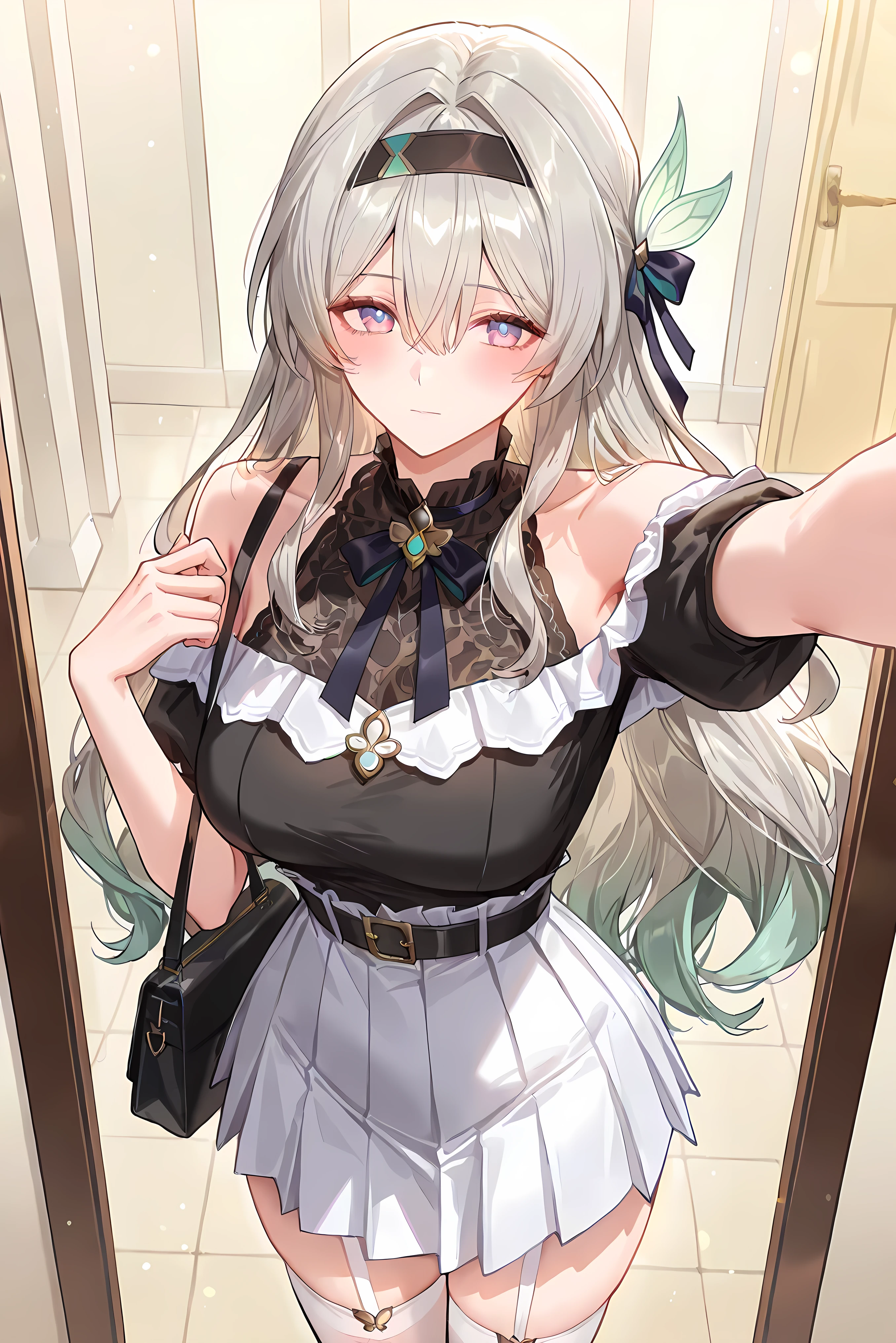 score_9, score_8_up, score_7_up, masterpiece, best quality, very aesthetic, absurdres, tunning image, attractive image, 1girl, adult grown woman, solo, firefly \(honkai: star rail\), purple eyes, grey hair, hair between eyes, very long hair, hair intakes, hairband, two-tone eyes, multicolored eyes, medium breasts, ero404, noona, 5 fingers, alternate costume, sweet pink mini dress, off-shoulder dress with white ruffles, central white pleated panel, large black ribbon belt with lace brooch, white thigh-high stockings, small black shoulder bag, soft daytime street background, selfie, closed mouth, 