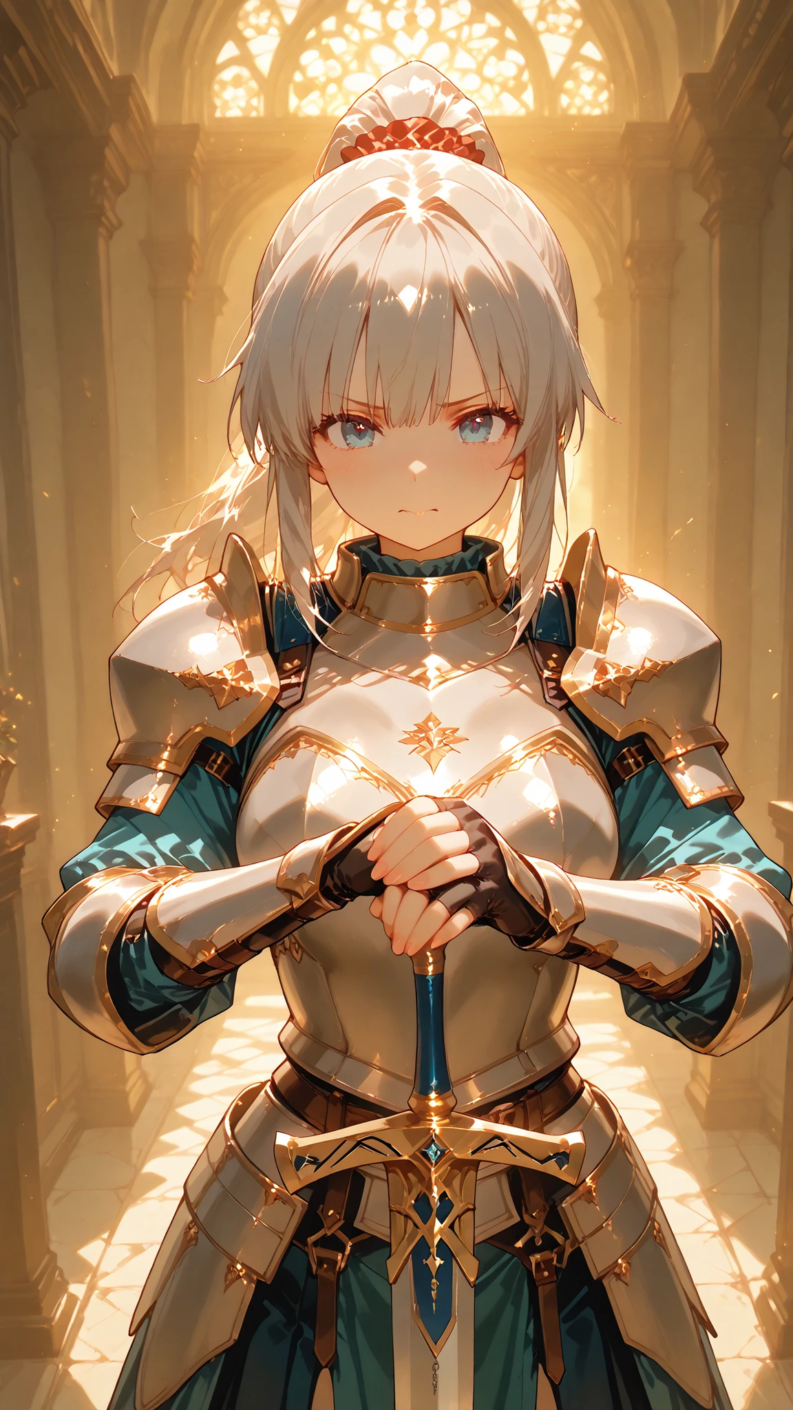 Masterpiece, Ultra High Definition, The last heir to the Holy Knights born as a girl knight, Delicate Face,Strong Will,intricately detailed silver and gold plate armor that combines sanctity, ponytail hair,gray hair,dignified blue eyes,Holding a magical longsword in his hand,A silver and blue plate armor that combines sanctity,carrying heavy responsibilities and missions,Mysterious light leaking through gaps in armor,expression full of determination,Sacred Atmosphere,light particle