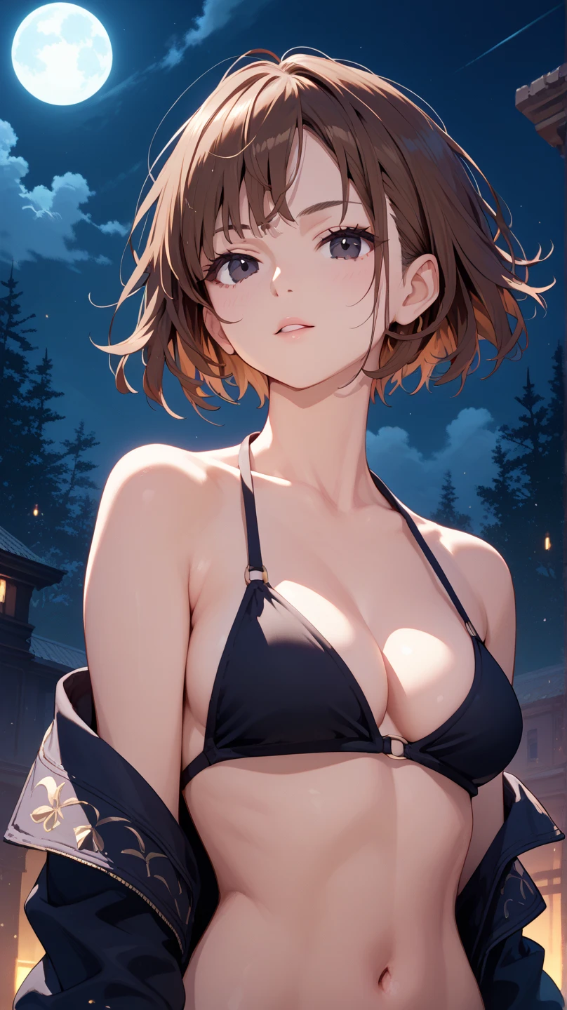 (Masterpiece:1.3), (8K, realistic, raw photos, Best picture quality: 1.4), Japanese schoolgirl、(Random hairstyle:1.2)、big breast,rift:1.2、Very detailed page、See Apartment Detail、Double eyelids、Sharp focus:1.2、beautiful woman:1.4、light brown hair、Highest quality、Masterpiece、Ultra high resolution、(realistic:1.4)、A highly detailed and professional smile brown bikini、Beautiful navel,Beautiful belly、Serious expression、short hair、dangerous position