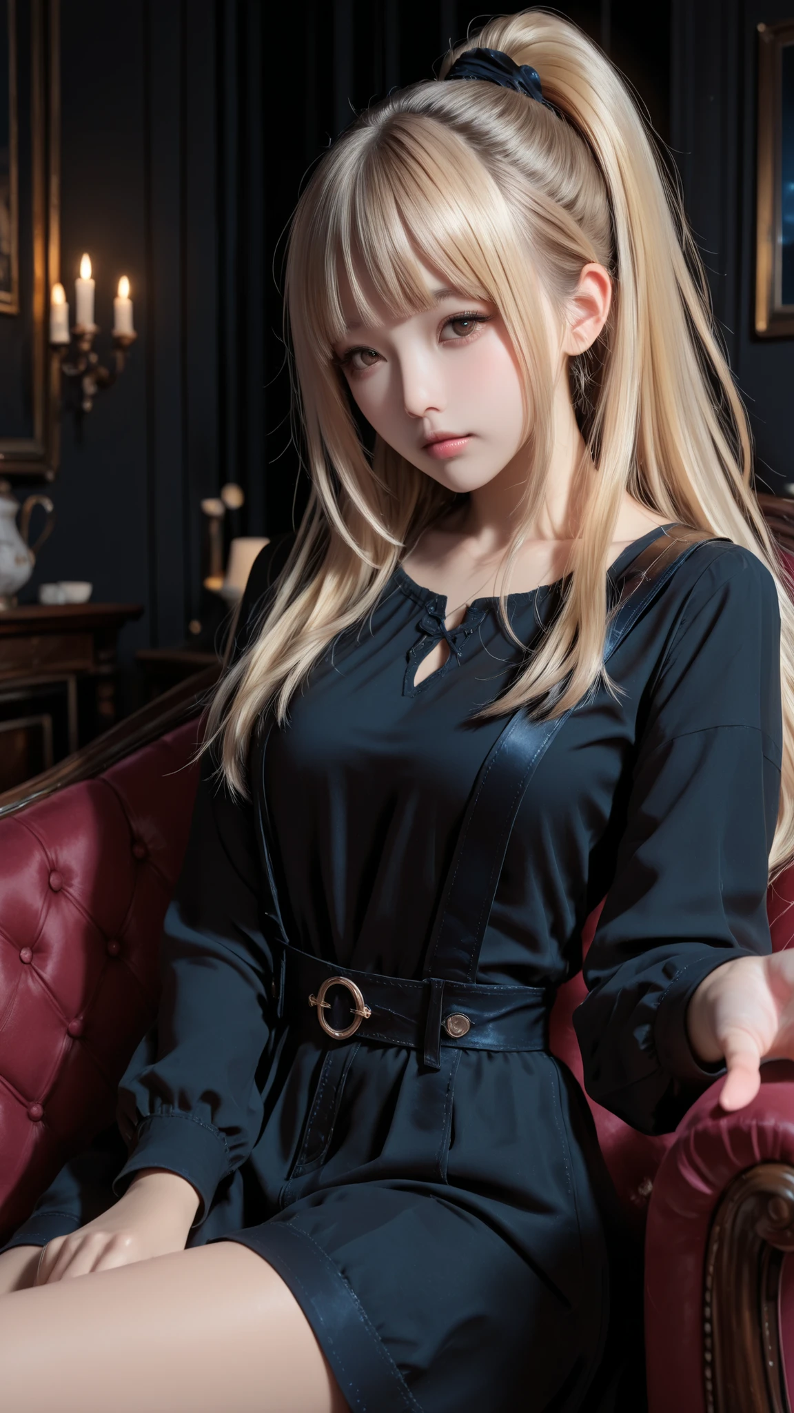 A realistic digital photograph of a young japanese girl with absolutely long hair reacheding her hip, silky blonde hair, **straight-cut bangs (front bangs) covering her forehead**, soft and natural.
Her hair is **silky, and extremely long — reaching fully to her waist with clear length and volume visible**. high ponytail. in a dim room. bright brown eyes. she wears a black home dress, that looks comfortable. warmful face. she is in a dark room of the old castle. at the night. The atmosphere is calm, dreamy, and intimate, Her look has a subtle gyaru touch balanced with elegance and mystery. The overall tone is cinematic, softly radiant, and serene.
she is sitting on a large chair.
