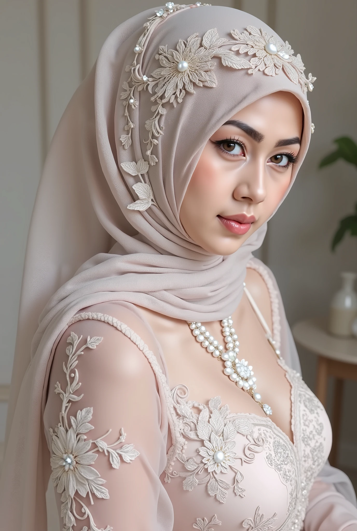 hyper HD, Masterpiece, Textured skin, 4K, Best quality of potrait a Beautiful hijab asian woman white fairy skin wearing dress , close-up half body , perfect hijab, detail veil , hyper realistic scarf and ornate on her side big back head hijab on likely hijab bun style , happy vibes, beauty smile , open mouth showing teeth , smiling confident , huge breast , perfect hands , auto correct detail fingers.