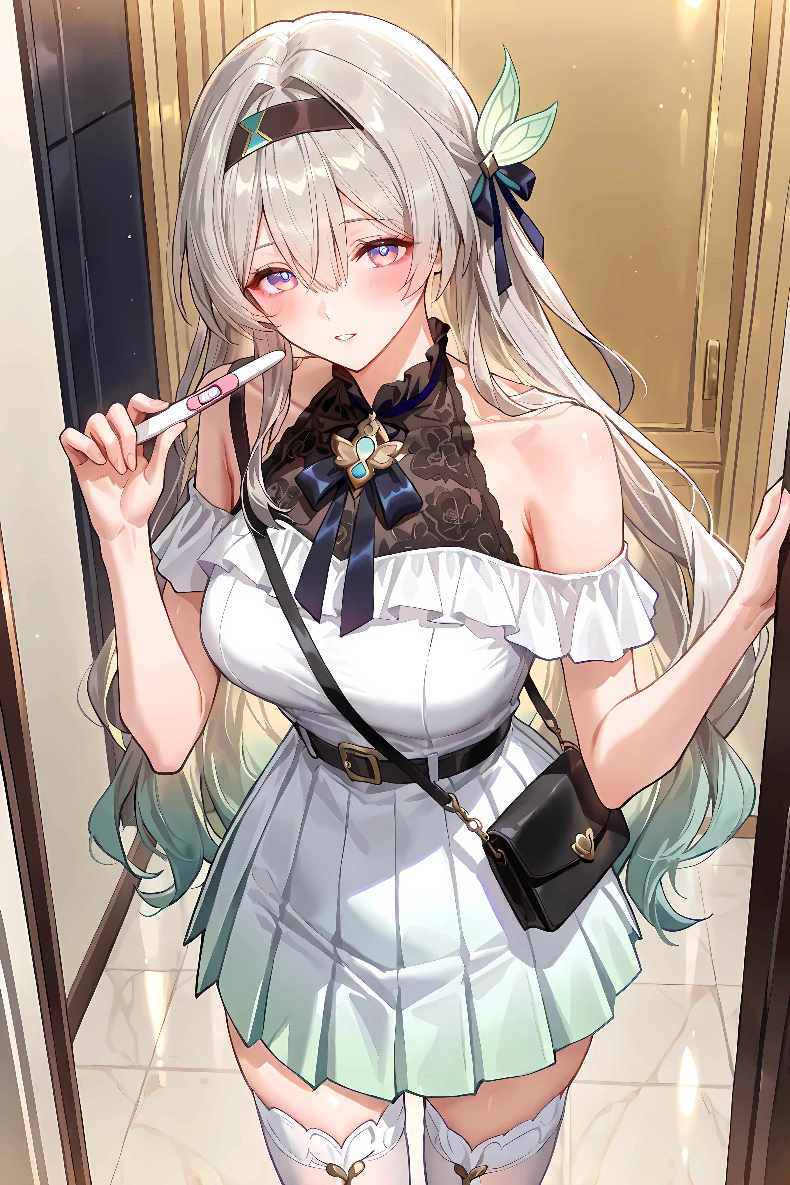 score_9, score_8_up, score_7_up, masterpiece, best quality, very aesthetic, absurdres, tunning image, attractive image, 1girl, adult grown woman, solo, firefly \(honkai: star rail\), purple eyes, grey hair, hair between eyes, very long hair, hair intakes, hairband, two-tone eyes, multicolored eyes, medium breasts, ero404, noona, 5 fingers, alternate costume, sweet pink mini dress, off-shoulder dress with white ruffles, central white pleated panel, large black ribbon belt with lace brooch, white thigh-high stockings, small black shoulder bag, soft daytime street background, pregnancy test, looking at viewer, implied pregnancy, holding,