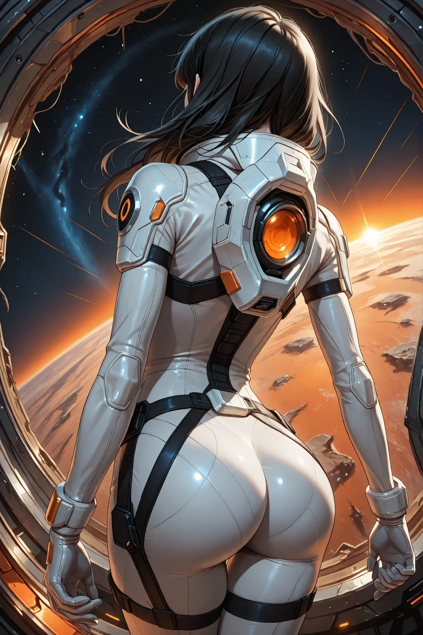 high resolution images, masterpiece, Highest Quality, amazing quality, official art, Highly detailed, Wallpaper, 1 girl, black hair, slim frame, A very attractive and slim woman wearing a tight spacesuit walks in an abandoned planet, view from behind, ass, sideview, dynamic angle, ((orange accent lines)), black accent lines,