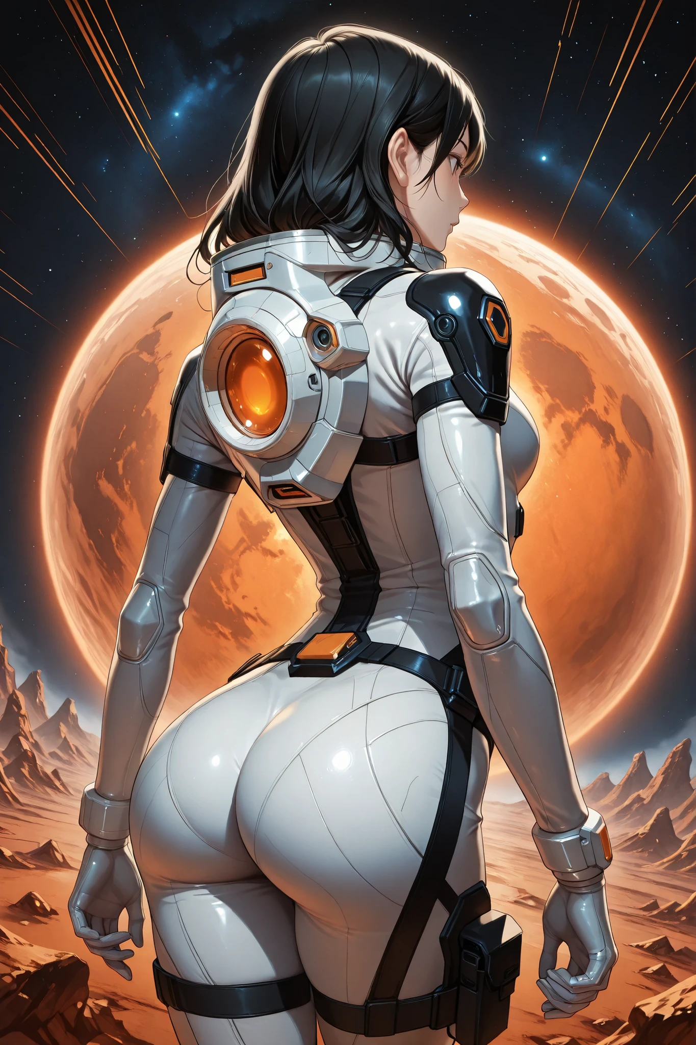 high resolution images, masterpiece, Highest Quality, amazing quality, official art, Highly detailed, Wallpaper, 1 girl, black hair, slim frame, A very attractive and slim woman wearing a tight spacesuit walks in an abandoned planet, view from behind, ass, sideview, dynamic angle, ((orange accent lines)), black accent lines,