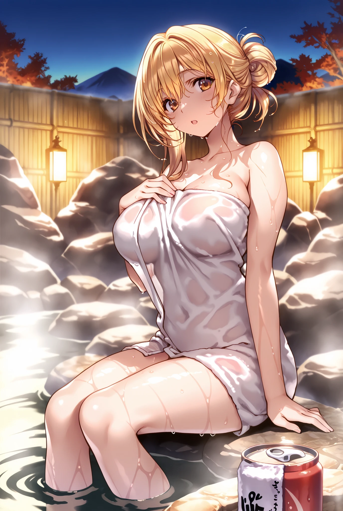 best image quality,1 woman,Blonde,bun hair,Hot Springs, sit on rocks,wet skin,Put a hand towel on your chest、Only cover the chest,big boobs,Wet Towel,and you can see through your skin