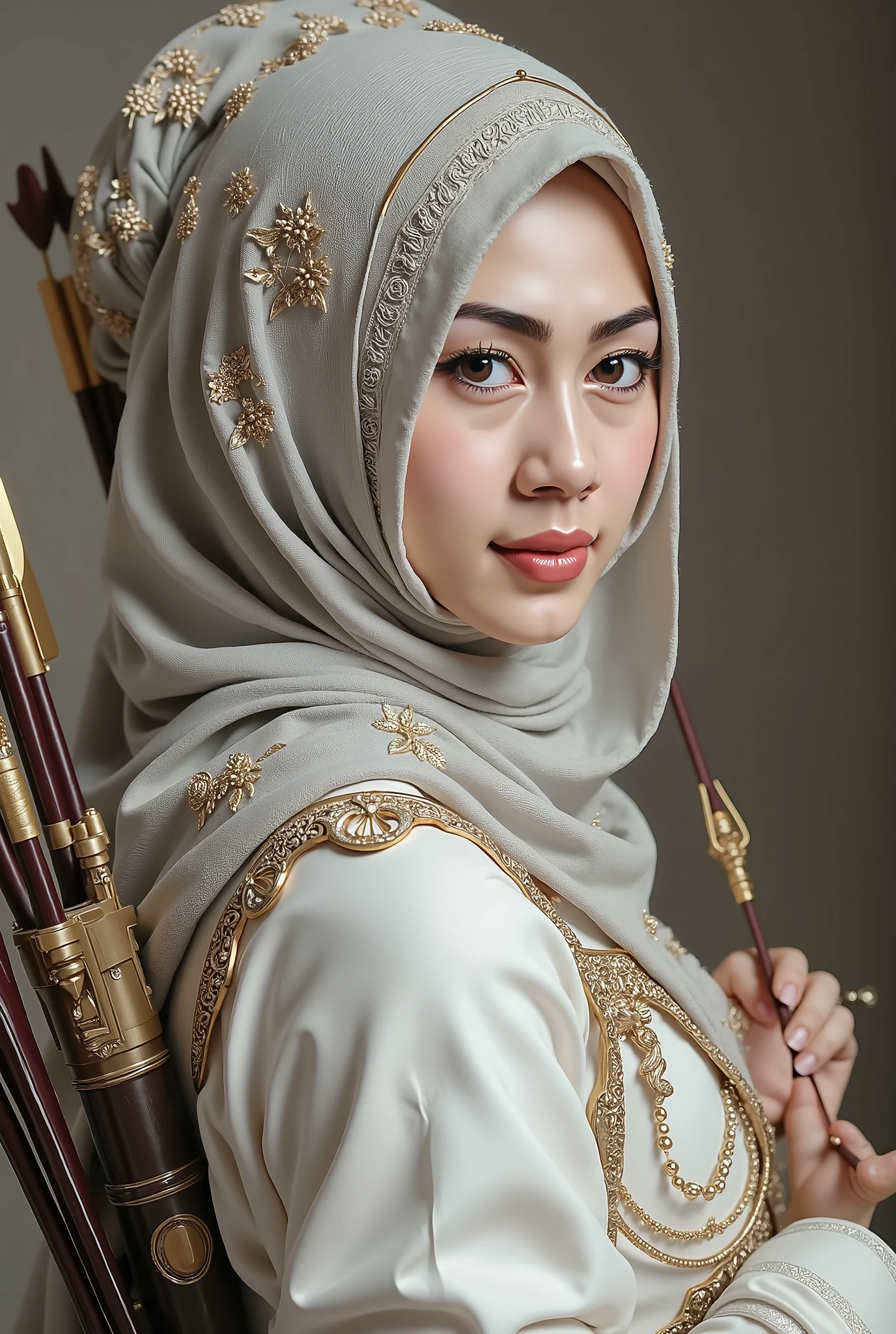 hyper HD, Masterpiece, Textured skin, 4K, Best quality of potrait The archer Beautiful hijab asian woman white fairy skin wearing dress , close-up half body , perfect hijab, detail veil , hyper realistic scarf and ornate on her side big back head hijab on likely hijab bun style , happy vibes, beauty smile , open mouth showing teeth , smiling confident , huge breast , perfect hands holding bow and arrow , auto correct detail fingers , on her back have arrow bag visible. Dynamic pose likely robin hood in the movie .
