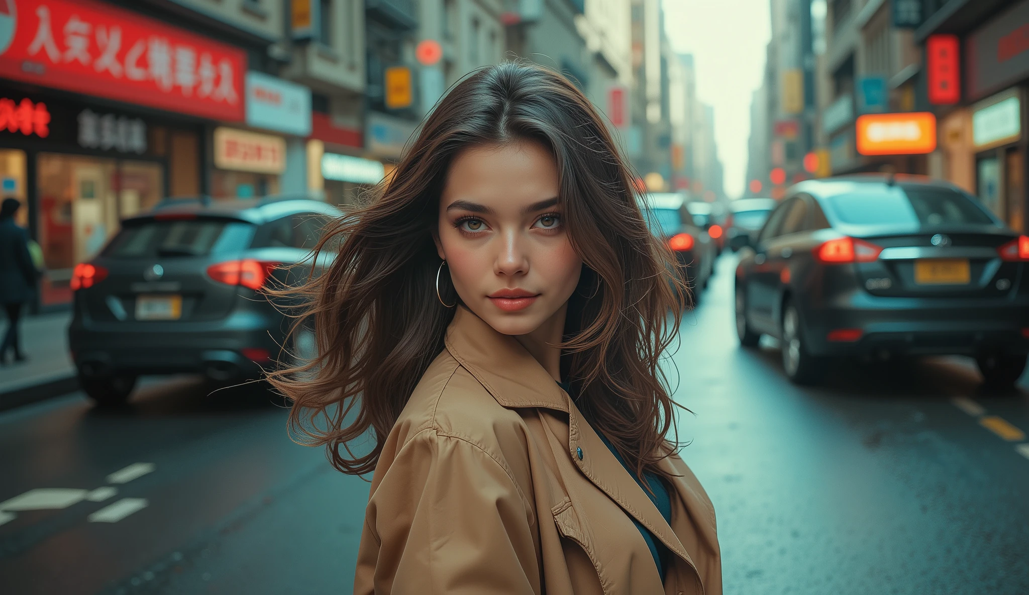  1 beautiful girl , set, walking on the street, traffic, camera revolves around the girl, girl with a pretty smile