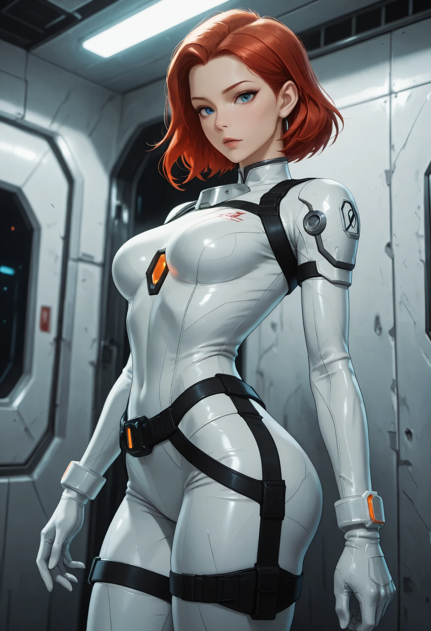 high resolution images, masterpiece, Highest Quality, amazing quality, official art, Highly detailed, Wallpaper, 1 girl, blue eyes, red hair, big eyes, slender, wide hips, (slim thighs), A very attractive and slim woman wearing a tight spacesuit walks through the corridors of an abandoned and decaying space station in a futuristic world. dynamic angle, ((orange accent lines)), black accent lines, side view, looking at viewer,  
