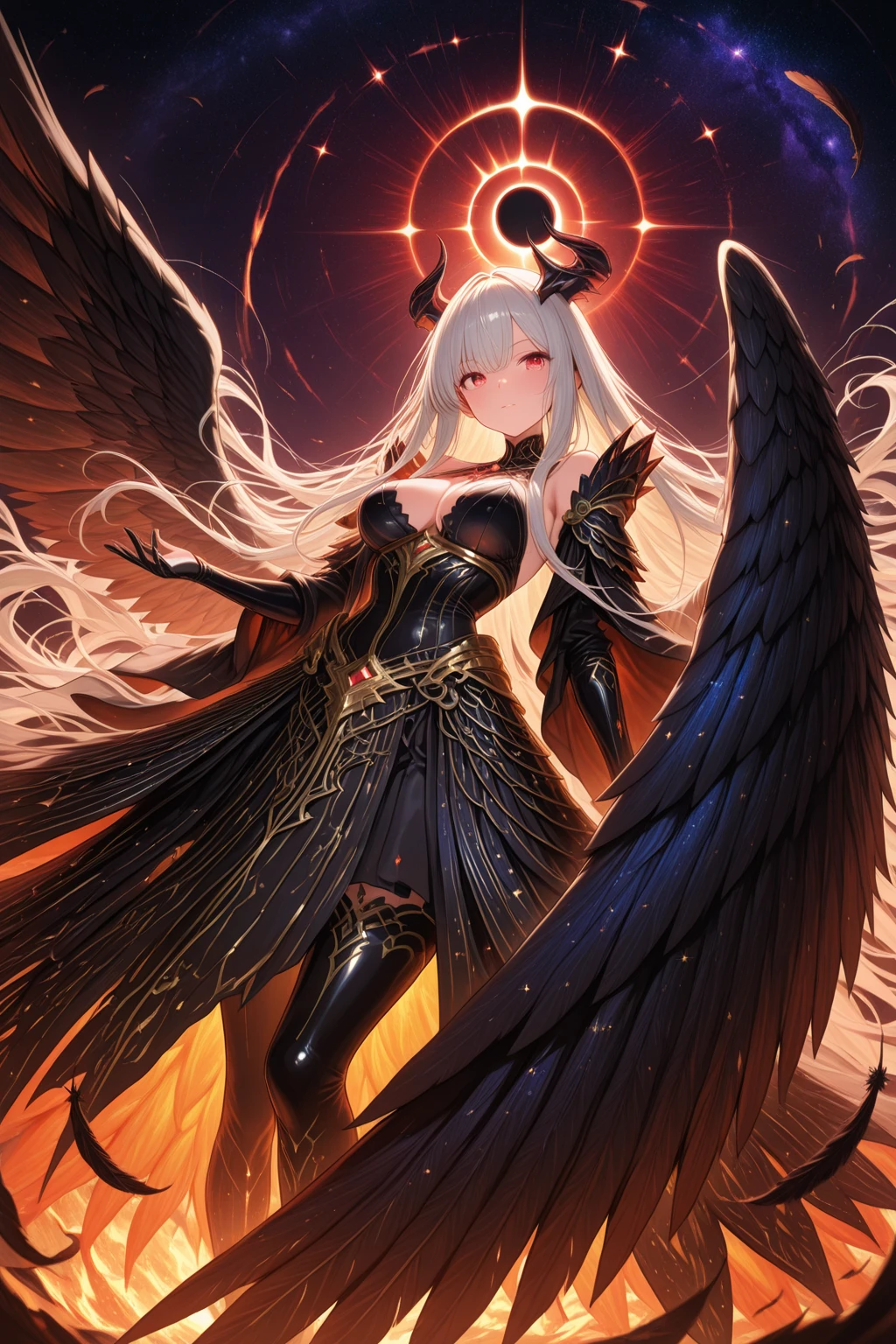 Ultra detailed, highres, absurdres, HDR, Lilith, black long hair, grey eyes, red lips, black fallen angel wings, black feathers, 1 woman only, extremely beautiful, black dress with patterns, golden chains,