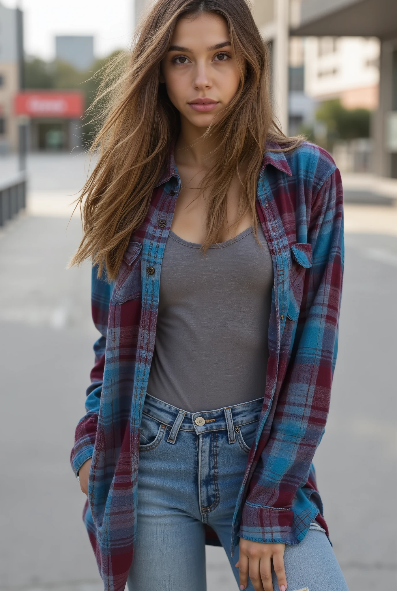 1 garota em, idade19, apenas, long dark blonde and wavy hair, tousled hair wearing plaid shirts and vibrant colors; long sleeve plaid shirt with buttons (aberta ou abotoada), generally in the colors blue and red/Borgonha , Sobre uma camiseta. blue jeans and sneakers