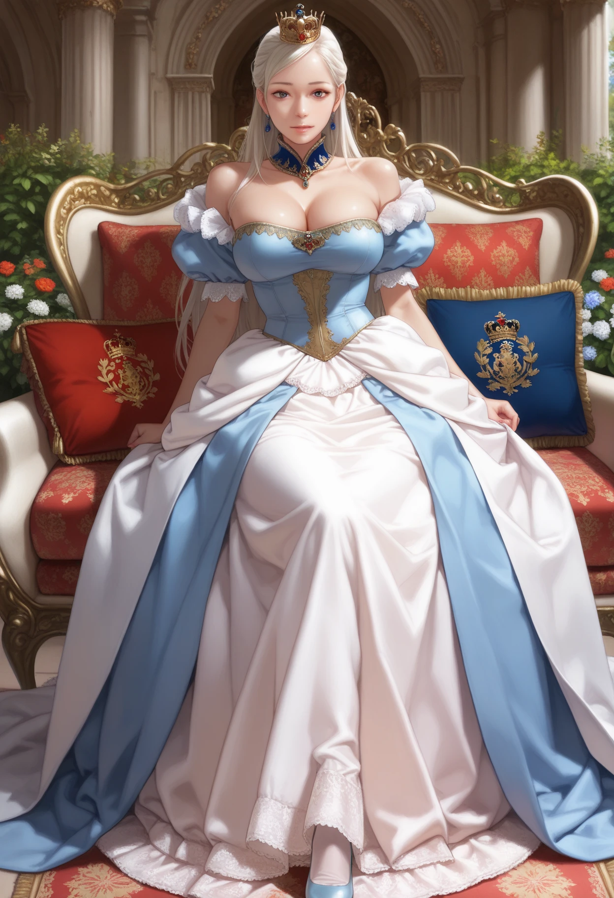(masterpiece image, very detailed image, best high quality high definition image)
1woman, beautiful woman, , fair skin, light blue eyes, wavy blonde hair, absolute beauty, aristocrat, wealthy powerful woman, calm angry face, big breasts, voluptuous figure (headbang bith two flue flowers, silver necklace, white gloves, sleevless, long high society rich blue dress)
Resting on big rich rounded bed, legs crossed, red living room