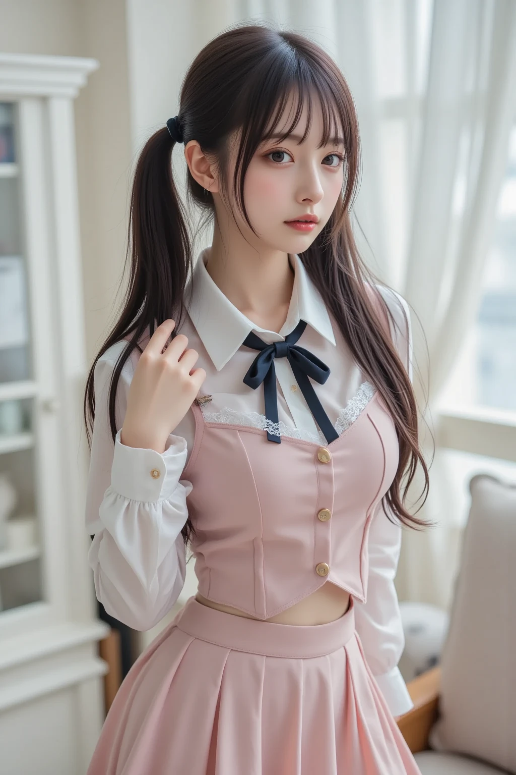 Highest quality、Elevator Girl、Shiny pink silk jacket、White blouse with big ribbon、Very short tight skirt、、A small round hat with a ribbon、Skinny、White gloves、Very embarrassed look、Sit on the floor facing the front、Face straight