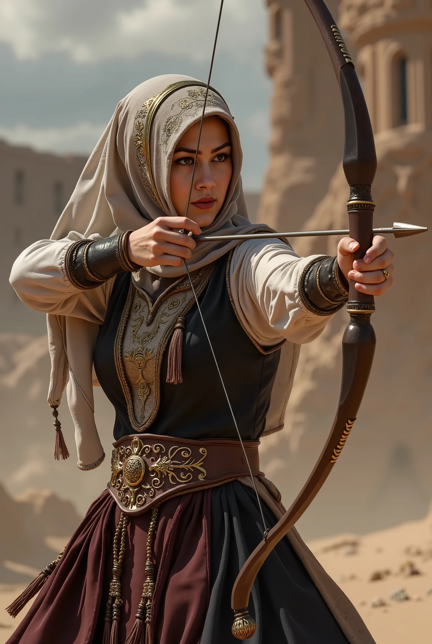 The archer hijab woman pointing her arrow to viewers , she's ready to shot.
