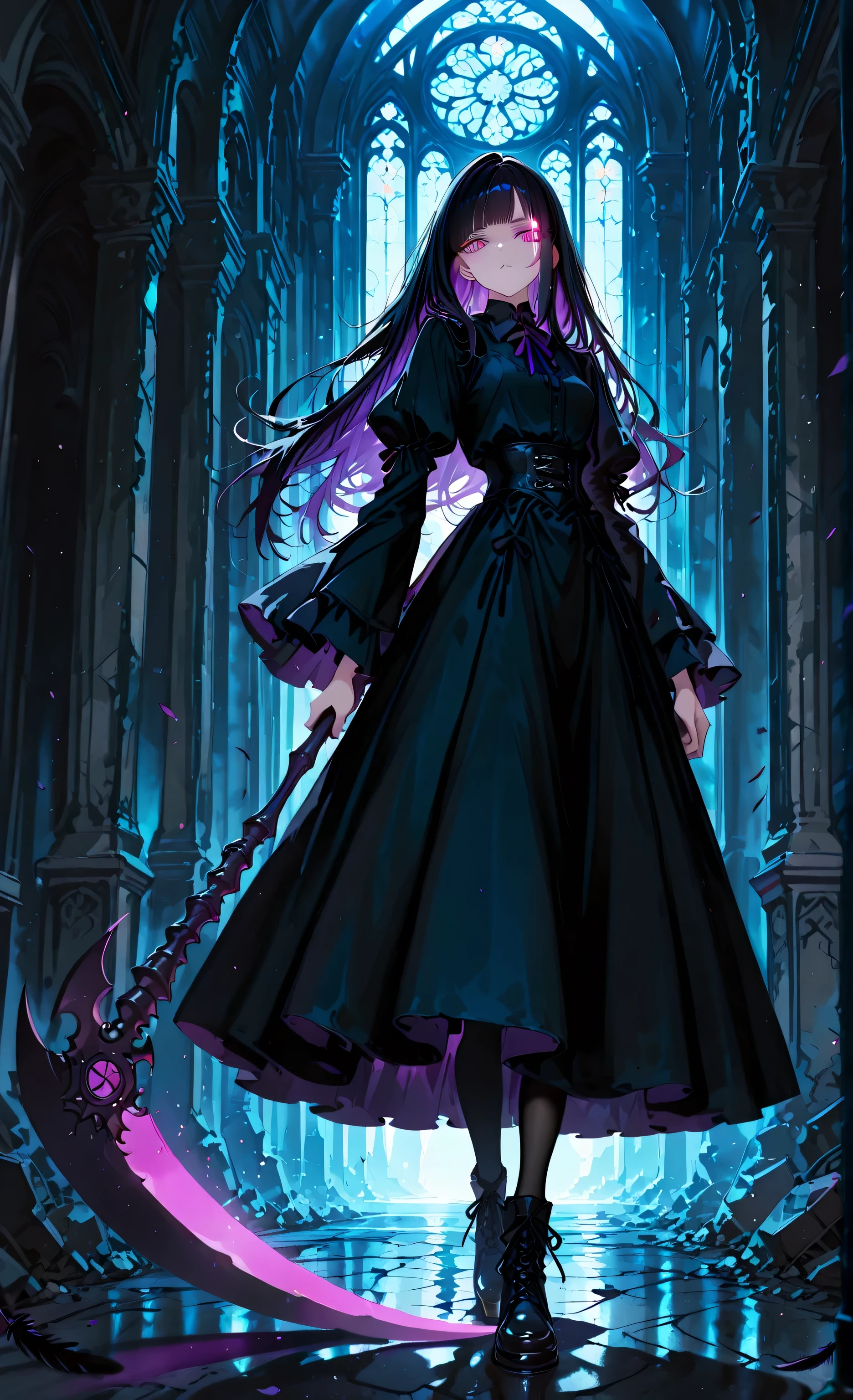 ultra-detailed, high detail, best quality, masterpiece, sharp focus, detailed shadows, vivid colors, dark fantasy anime girl with long black hair and glowing violet eye, (detailed eyes:1.2), (sharp eyes:1.1), wielding a giant ghostly scythe made of shadow energy, swirling mist and black feathers around her, gothic outfit with sharp magical patterns, standing in an abandoned cathedral with broken stained glass, moonlight shining through dust-filled air, high contrast shadows, full body, cinematic depth of field, theme “The Last Heir of… Phantom Scythe”