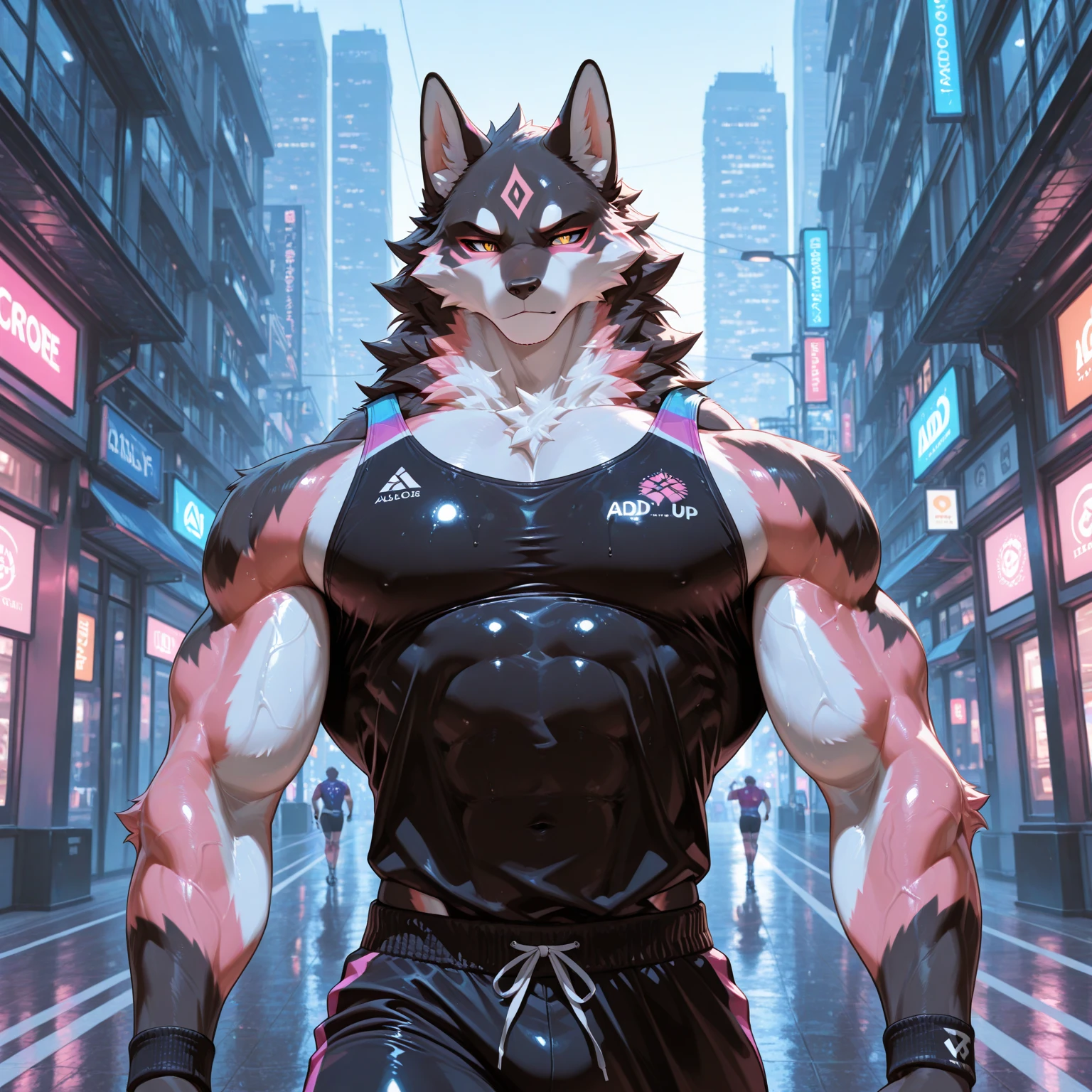 (best quality,4K,8K,highres,masterpiece:1.2),ultra-detailed,sexy furry Wolf boy with well toned abs,wolf snout, wolf ears,Wolf tail,cyberpunk samurai,purple highlights in hair,black hair,punk hairstyle,sharp focus,professional,vivid colors,studio lighting,dark atmosphere,lit by moonlight,glowing green eyes,expressive,sexy samurai armor,dynamic movement,mysterious background scenery,sinuous motion,intense fight scene with flying cherry blossoms,(Huge ,Crying face,Face contorted in pain, dripping from ,profuse sweat and drool,,Well-trained muscles like a bodybuilder, ),,2boy～6boy,