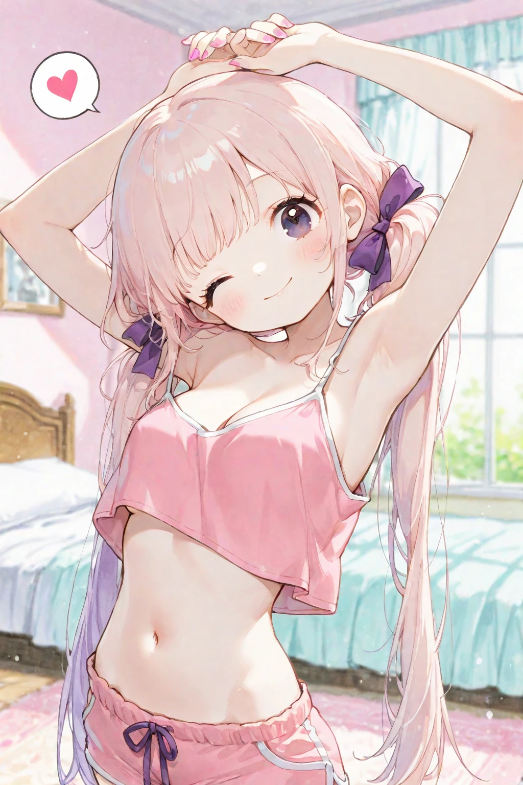 anime girl in  laying on bed with her hands on her head, oppai,  anime girl, thicc, hanayamata, [ 4 k digital art ]!!, oppai proportions, , beautiful alluring anime woman, , with large breasts, big breasts!!, with a large breasts, big breasts! 1 wife belldandy nubile juvenile junior idol bookworm girl wearing hairclip cute lovable adorable tiny youthful innocent perky zellweger portman face middle-school girl energetic, loose hair, shy smile,  supple budding breast, unique face, blacke hair,  actress, , immature, childish, acting super shy, delicate, weak, loving romantic vibes, in love, small short height, preparing for , dwarf girl noble queen short slim legs, mischievous, soft babyfaced gentle happy looking face, carefree, unblemished skin, otaku student president, grin, braids hairstyle, naughty, teasing, awkward short girl, pitite lityle dainty diminutive, shougakusei shoujo, excited, hyperactive girl, skirt, small shoulders, slim arms, acting spoiled, sch0olgirl bangs, small breasts, 10 years old fashion trendy beautiful beautiful beautiful girl, gentle and attractive beautiful girl, 10 years old, delicate and sexy collarbone, Attractive oval face, double eyelids, smart peach blossom eyes, pink lips, small nose,  shoulders, ultra high definition, super detail, fresh and impressive, spreading smooth slim legs, ballerina body, plain girl bikini top, buxom body, portrait picture looking at camera, backless evening gown and high heels, spaghetti strap top, milky white breasts, song hyekyo, provocative smile