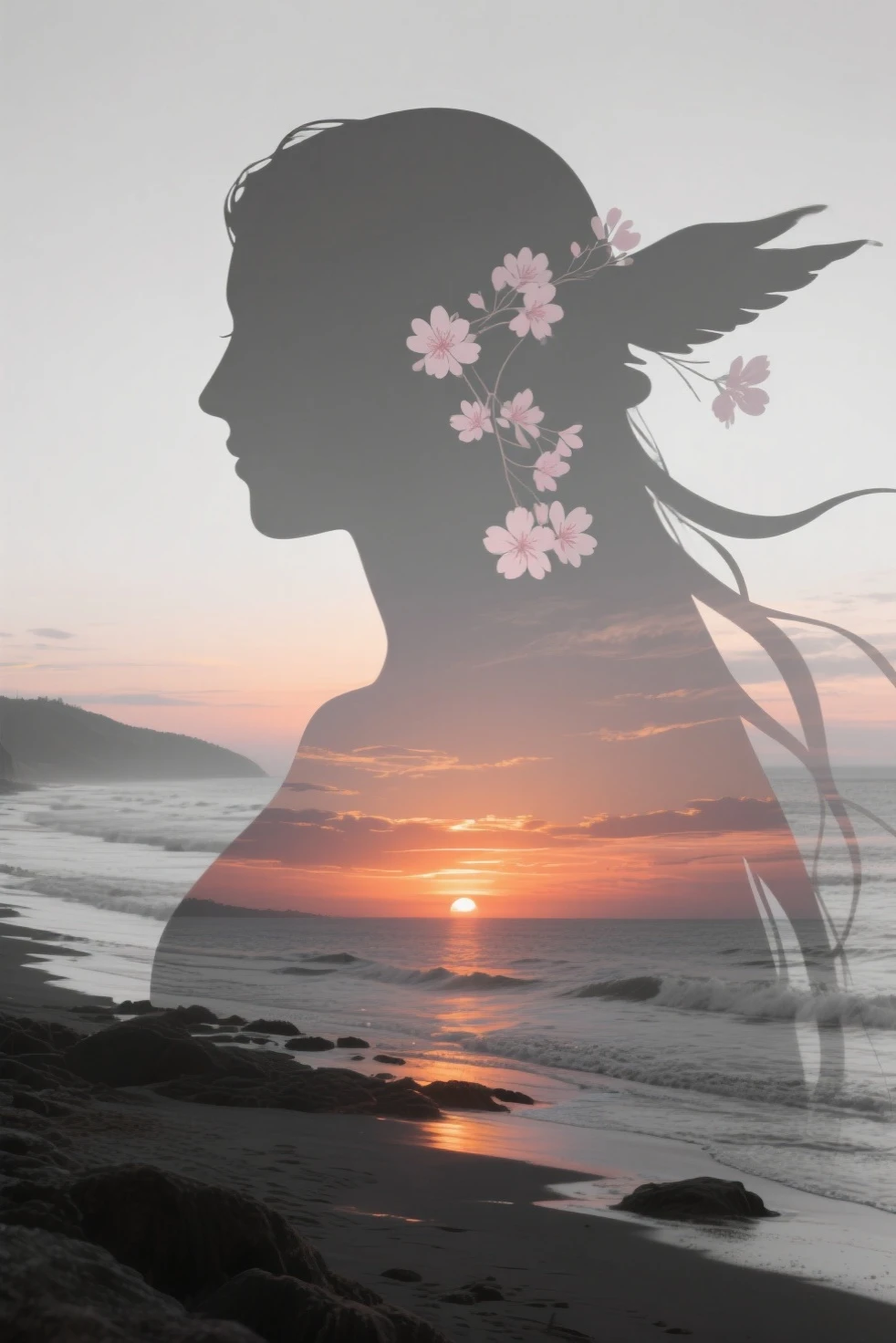 lyrics, 8K ultra HD, Una hermosa double exposure que combina una silueta de diosa con la costa al atardecer, the coast at dusk should serve as a backdrop , with its details incorporated in the goddess , sharp lines, The background is monochrome, sharp focus, double exposure, impressive full color