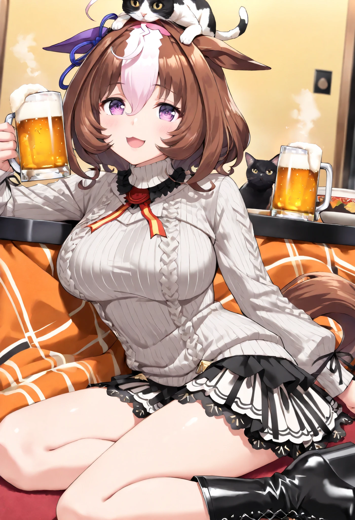 (masterpiece, best quality, perfect face:1.4), wide angle, meisho doto \(umamusume\), 1girl, ahoge, horse ears, ear ornament, pink headband, horse tail, tail on the lower back, proportional body, proportional, beautiful hair, beautiful face, beautiful detailed eyes, beautiful clavicle, beautiful body, beautiful chest, beautiful thigh, beautiful legs, beautiful fingers, looking at viewer, BREAK ((gray cowl neck sweater, gray sweater, long sleeves, rib knit pattern):1.3), BREAK ((black chiffon skirt with ruffle trim, flared, A-line, mini skirt):1.3), (black platform boots:1.2), BREAK, Kotatsu, Japanese hot pot dishes, drinking beer, Steam rises from the pot, ecstatic expression, Ergonomically Correct Body, textured skin, realistic skin, HDR, BREAK, (perfect hands, perfect anatomy), ((cat on top of head)),