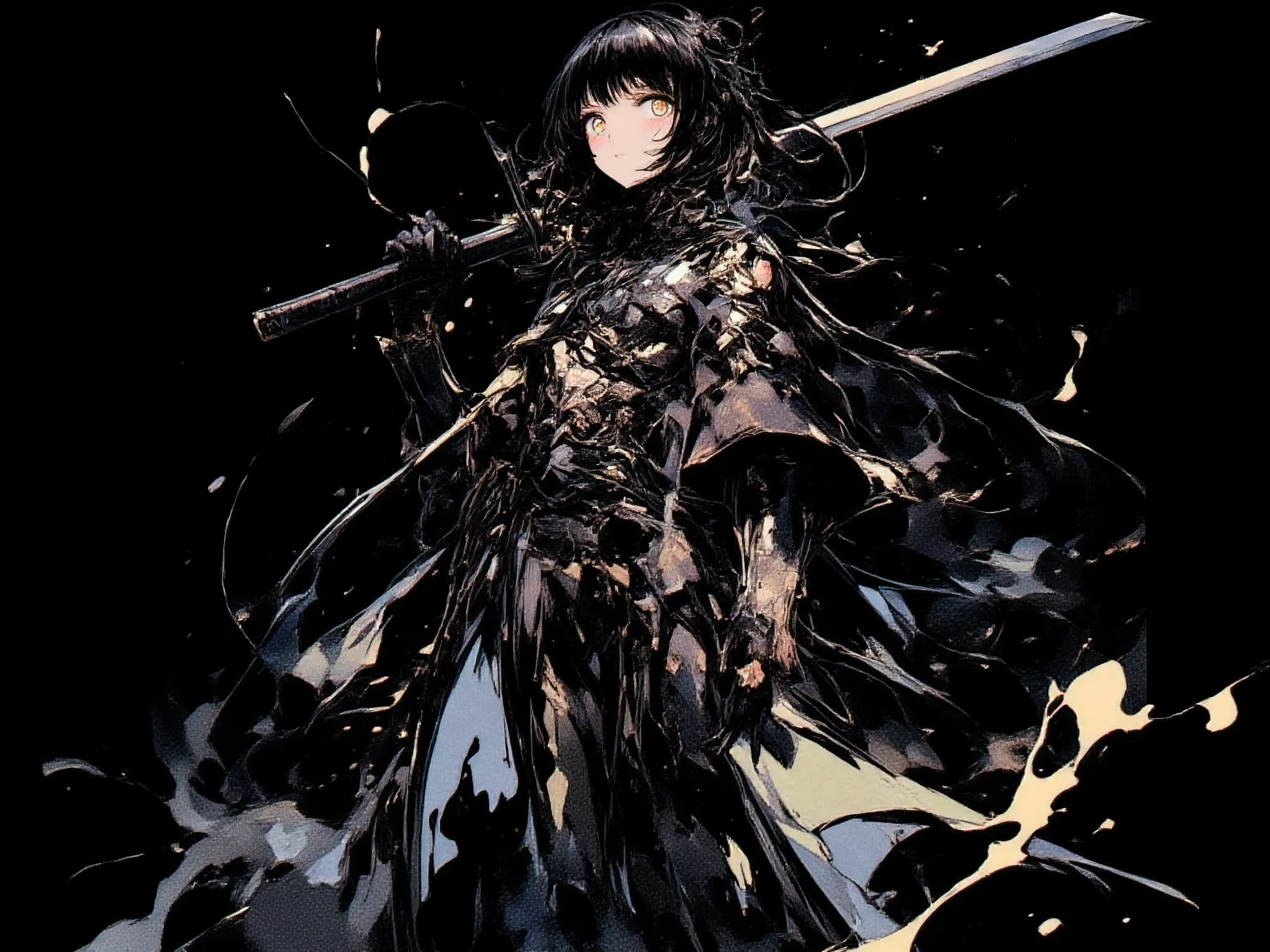 Black background.
A colored character illustrated in Sumi-e (ink wash) style, with expressive black brush strokes.
The nose area is replaced by a large mono eye.her normal eyes are degenerated and barely visible.
She carries a massive sword over her shoulder.
Her figure is rendered with flowing black ink, bleeding contours, and dynamic strokes, but her body, hair, and clothing retain soft, muted colors layered over the ink.
High-resolution, ultra-detailed black linework.
Accurate anatomy of arms, legs, and posture.
A moody, atmospheric contrast between the pure black background and the subtle colors of the character.