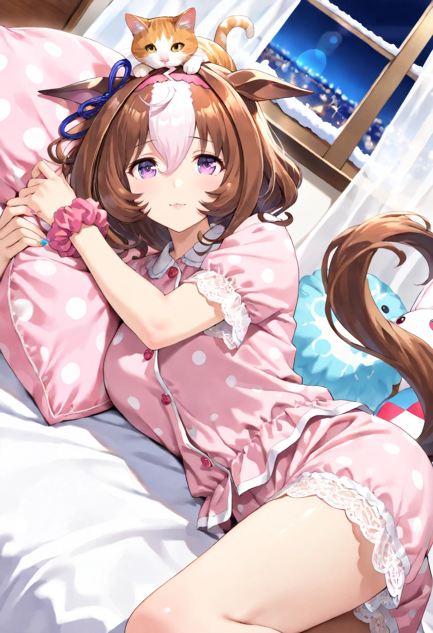 (masterpiece, best quality, perfect face:1.4), wide angle, meisho doto \(umamusume\), 1girl, ahoge, horse ears, ear ornament, pink headband, horse tail, tail on the lower back, proportional body, proportional, beautiful hair, beautiful face, beautiful detailed eyes, beautiful clavicle, beautiful body, beautiful chest, beautiful thigh, beautiful legs, beautiful fingers, looking at viewer, BREAK, (holding a pillow:1.3), kawaii pillow, fluffy fleece dot pajamas, Short sleeves, dynamic angle, lens flare, nail art, on fancy bed, kawaii fancy bedroom, (stuffed animals on bed:1.2), (kawaii wallpaper:1.1), beautiful scenery outside window, cute lace curtain, (night:1.2), colorful nail, pink lips, lying, wrist scrunchie, winter, BREAK, (perfect hands, perfect anatomy),glossy texture, textured skin, realistic skin, HDR, ((cat on top of head)),