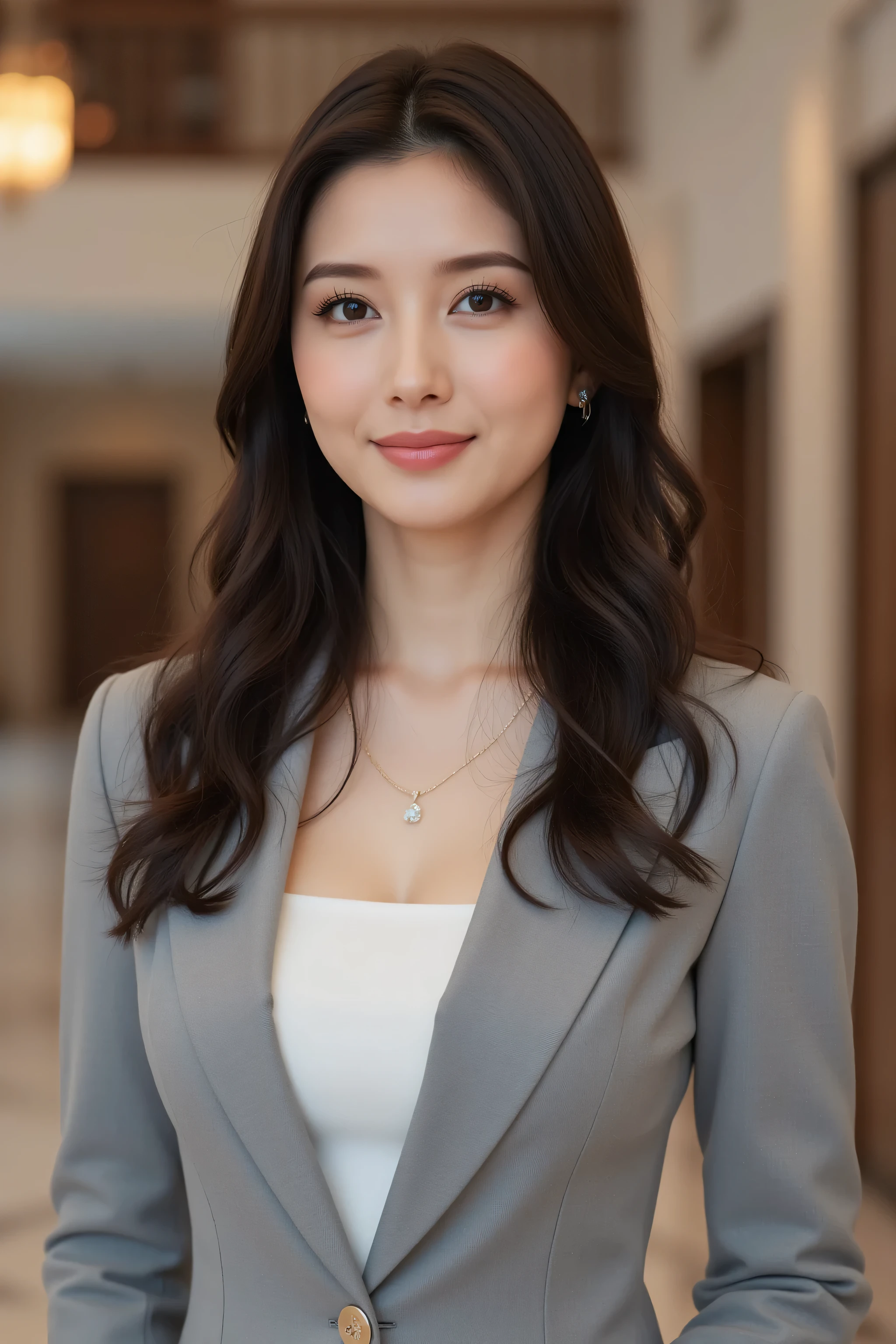 (top quality、best masterpiece、8k、best image quality、winning works)、( beautiful 30 year old woman :1.1)、(Elegant long wavy hair showing forehead:1.3)、dark haired、big breasts、glamorous body、(Elegant Grey Business Suit:1.3)、(Elegant U-neck white inner shirt:1.1)、(standing in the expansive lobby of a high-end luxury wedding venue holding a perfect and accurate clipboard:1.5)、standing gracefully、makeup、 silver striped hair 、ultra high definition hair、Ultra High Resolution Glowing Eyes、Ultra High Resolution Gloss Slip、accurate anatomy、Smile Yan、(Standing in the most elegant pose:1.2)