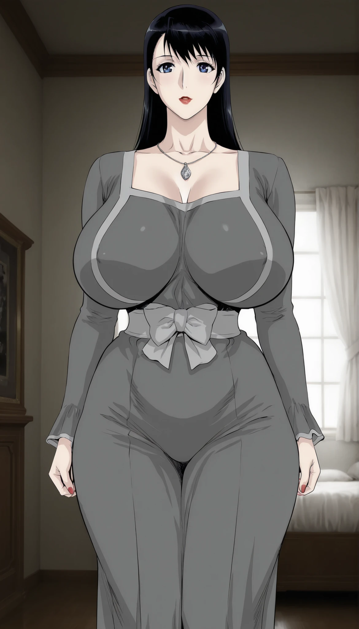 Cattleya - Queens Blade - (waiNSFW) - Accurate Jinsuke - STYLE, a beautiful mature woman with glossy black hair, big blue eyes, bimbo plump round-shaped red lips, red nails, big busty round milf breasts, fair natural skin, wide narrow straight waist, wide round hips, and a buxom-voluptuous body. She's wearing a revealing mini short loose soft thin grey cloth-dress with attached long sleeves, and a necklace. She's standing with a straight standing posture, a slight shameful expression, and a dark deep-lighting castle bedroom background. Show her body head to knees only, proper middle-waist level view, SOLO, FULL BLACK AND WHITE MANGA FILTER, highest 44k resolution, best highest possible picture quality, highest premium resolution, best stunning clear quality, and super mega ultra hyper-detailed.