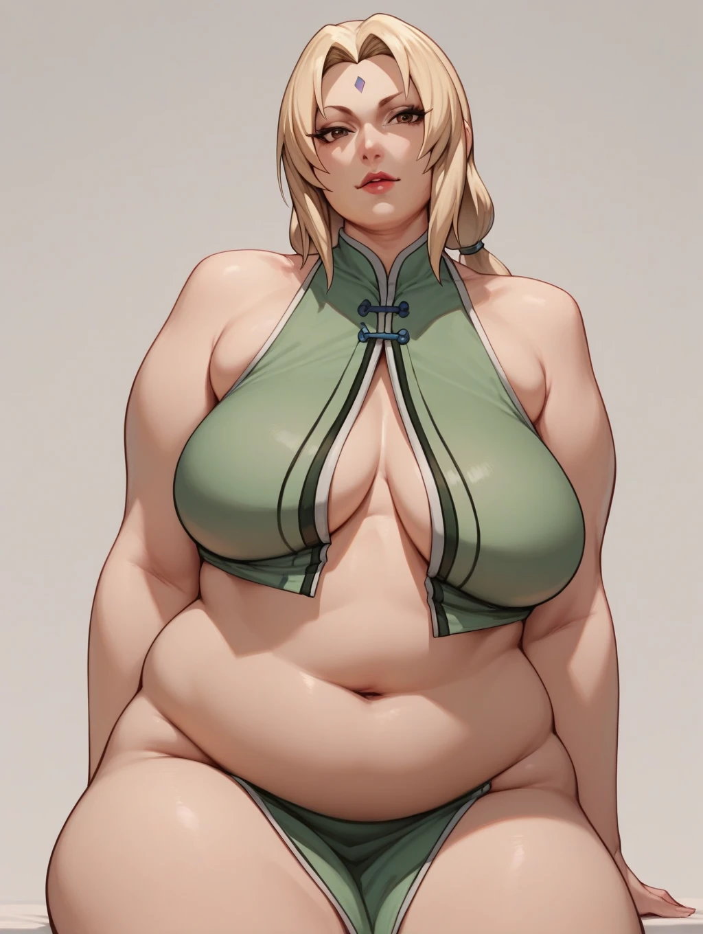 (masterpiece), best quality, female warrior, huge girl, female muscular:1.2, hair over one eye, ginger hair, big ??????, curvy, ((thick thighs:1.5)), (((blank background))), ((full body)), fingerless gloves, sandals, sleeveless, covered ???????, (underboobs:1.3), medium hair, thin hair, tshirt top