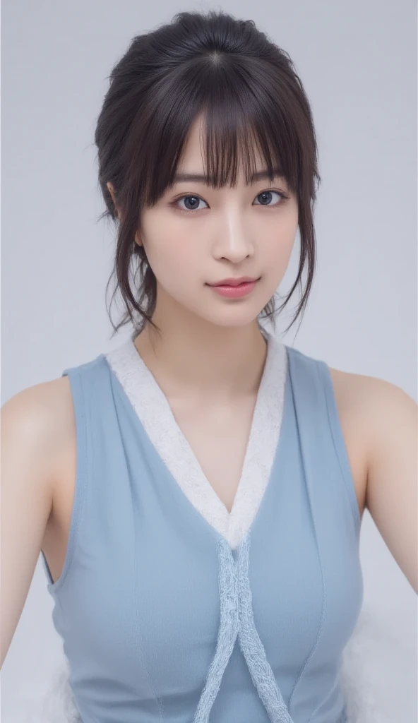 highest quality:1.3, masterpiece, Ultra-high resolution, realistic:1.3, solo:1.3, ((Clear Face)), sidelighting, cowboy shot, (looking at camera:1.3), (white background), (yukata), standing, Showcasing cleavag, arms behind back, (medium ), smile, long hair