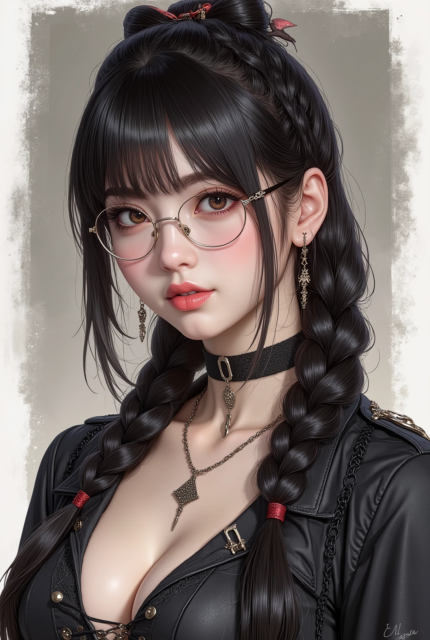 (  Highest Quality, best illustrations,high image quality:1.2), (Horror Fantasy:1.5), (ink and watercolor:1.5),(Ominous Scenery   :1.5),(A lot of dust rises:1.5),(  Dirt Track   :1.5),(wonderful:1.5),(masterpiece:1.5),  (Powerful figures:1.1、Big Breasts:1.3) 、 ((((glasses、best Shot, cute、 Red Eyes、 Evil Ruby's Cursed Necklace )))),(((glasses、Big Breasts、  braids)))、  cute face,  raise eyebrows , ,(Fatal Beauty,  charming beauty ) ,(Mysterious Charm:1.1),(Big Breasts、attractive silhouette),   high image qualityテクスチャ 、High Quality Shadows、   beautiful and delicate face   、 beautiful, delicate, eyes are sticky liquid dripping  、 ray tracing 、 20th Generation、 cute K-POP girl、( The Face of Korea )、Thin face、( Ulzan-6500-v1.1:0.6)、   Face of Pure Loss   _v1 , ( beautiful and delicate face ,  beautiful and delicate eyes,  perfectly balanced face ,  high image quality skin ,  detailed skin,  lens flares {x} perfect ratio 4 fingers to 1 thumb :1.25)、 DSLRs、   地獄から来たbeautiful悪魔女  ,    ATTRACTIVE GIRL  , Real Girls, Gurwitz,  Gurwitz-style Artwork , Girl Roleplay, Realistic 3d style, cgstation Popular Topics,,  8k portrait rendering BYMR. nomi ,（truth,truth:1.4,glassesの少女  :1.2)、cheek、 glossy lips, 1. オーバーサイズ comment:  comment、 come up with an oversized design that covers shoulder to knee.。 navy blue or black are standard colors .、[ Soft khaki or beige , wait.、 Pick the right color for the season 。 2.    choose the color that suits your skin    : To protect yourself from the cold、    choose the color that suits your skin   、 ニットの質感と色を commentに合わせてください .。 3. ワイドレッグ   pants:    pants,  choose a wide leg design 、combines mobility and style。Dark tone denim or black   pants look great.。 4. knee-high boots: オーバーサイズ commentに含まれるもの、boots are black or dark brown Match the texture and color of the fashionable.、  Gives a stylish impression  。 5. accessories:   The  。  Disney  、   long necklace  、6. handbag: handbag、let's match the color of your outfit.