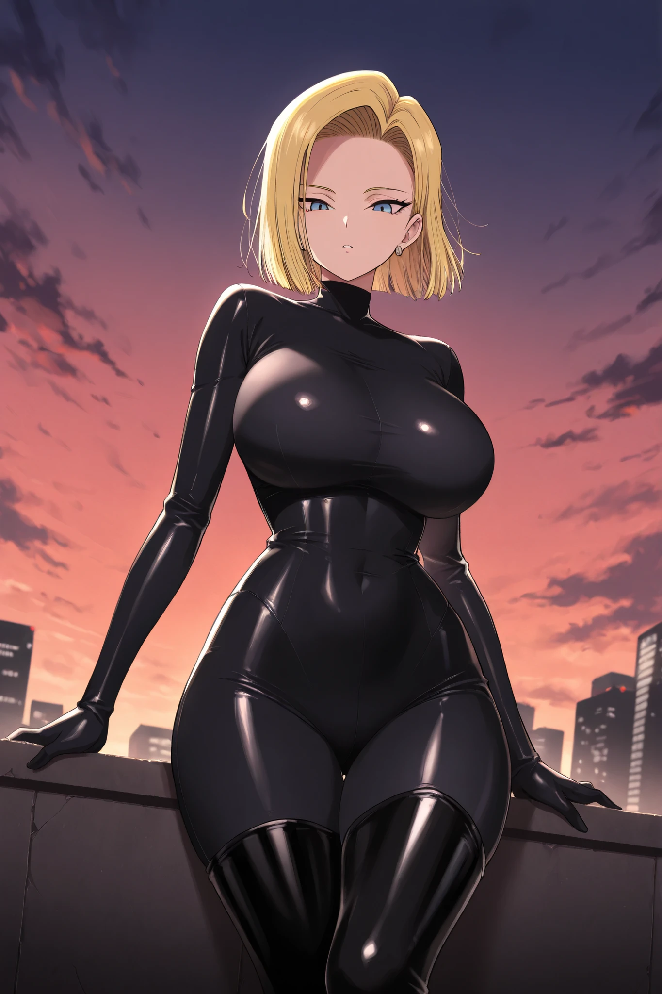 one girl , Alone, Android 18, black latex bodysuit , black boots、black thigh boots, black tights、evil, dusk, solo, looking at the viewer, very beautiful, elegant, Masterpiece, top quality, So Aesthetic , anime screen capture , Big Breasts, seductive, coboy shot, dutch angle