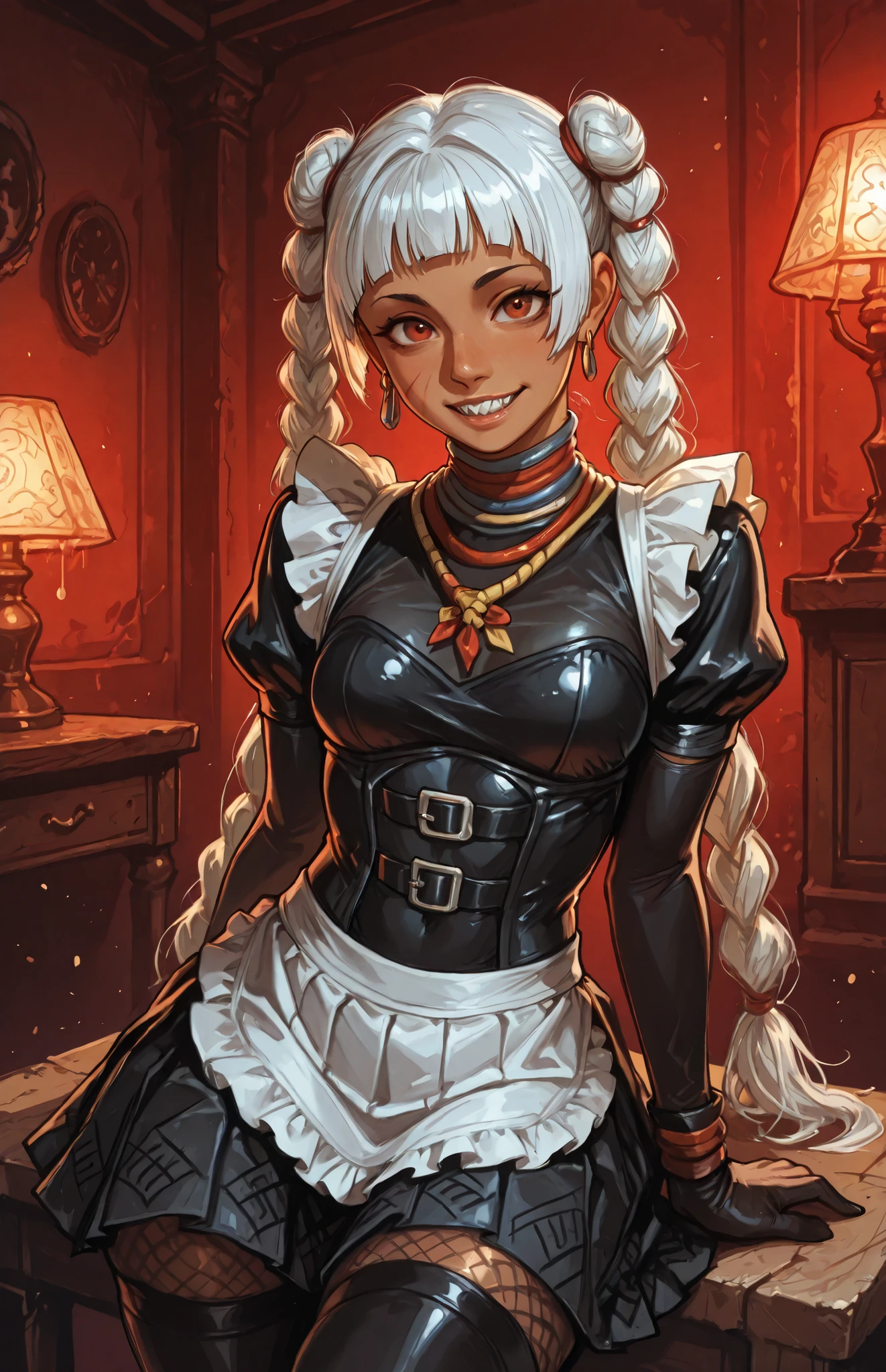 woman looks like a mix of Elena and Cammy from Street Fighter 6. Bronzefarbene Haut. She has a horizontal scar over her nose. your body is athletic, with muscles and abs. She has sharp teeth. B-Cup. Sie hat rote, schmale, asiatische Augen, (schmale Augen) A pretty, volles, soft and young face and white braids. The Inca clothing is made from the finest latex (Schlangenhaut-Optik) is a black maid dress with pleated skirt, black opera gloves, belted corset, puffed sleeves, high stockings and everything made from the finest black latex with snakeskin pattern, Also white ruffles and a white apron made of silk, and an amber necklace. atmospheric lighting. looks at the viewer. She has an innocent and open smile with lots of sharp teeth. Keine Tiere im Bild. Hintergrund: spanischer, medieval salon, strong lineart, hdr, hdr colours, semi-realistic, creepy atmosphere, keine Monster, hdr colours. Sharp. HD. Fake box art.