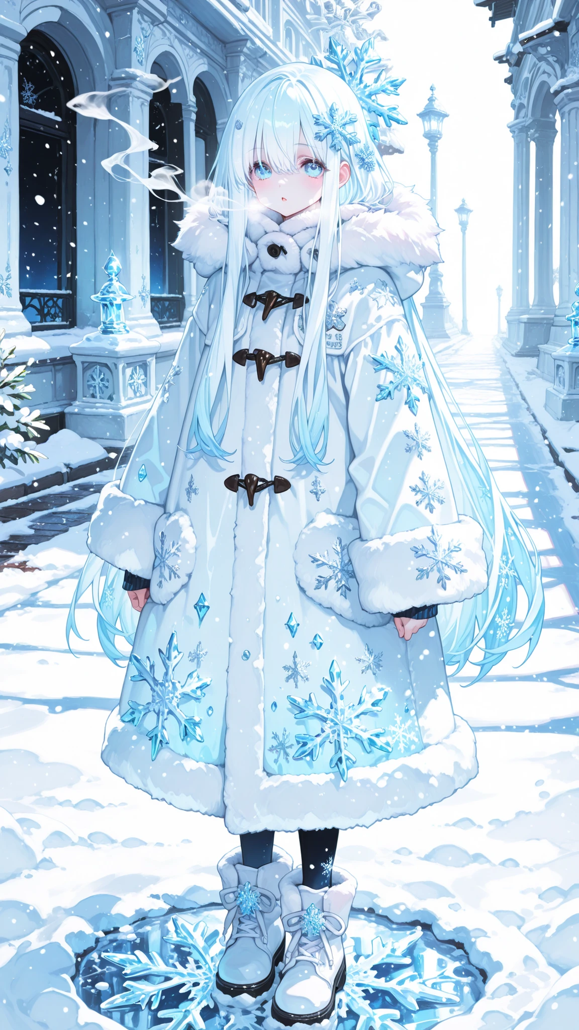 high quality、masterpiece、best image quality、Beautiful Snow Fairy、Solo Shot、Fluffy Silvery White Long Hair、Snowflake Hair Ornament、20 worn out、Ice Blue Eyes、white fur coat、snowflake pattern embroidery、Shimmering Ice Accessory、Snow Covered Road、Moonlit Snow Scenery、Fluttering Snowflake、particles of light drift around、Dramatic Pale White Lighting、Cold Breath and White Smoke、 Inexplicable look、Cinematic composition