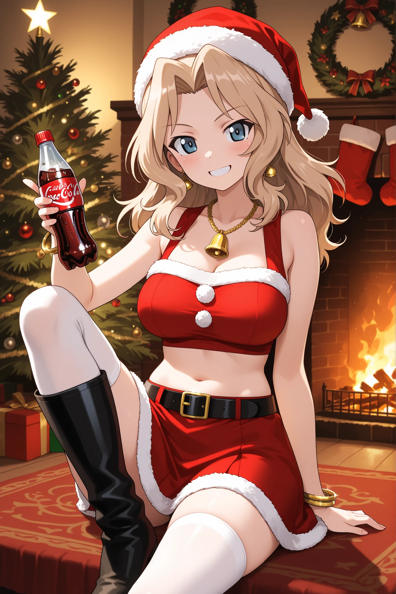 1girl, Character, Girls Und Panzer, Kay, Red sleeveless santa dress with a white fur trim, midriff, red santa hat with a white fur trim,black belt with a gold buckle, black knee high boots, White thigh high socks, gold bell bracelet,gold bell necklace,gold bell earrings , shot, grin, holding a bottle of Coca-Cola, Christmas tree, fireplace, Girls_und_Panzer art style