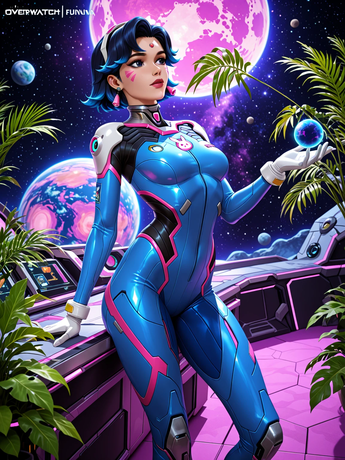 1girl dark skin, small breasts, wears thick-framed glasses that highlight her  features, with short hair, ponytail and gray, she wears a tight jumpsuit, with details in vibrant colors reminiscent of the stars and planets of outer space, high-top boots with non-slip soles,