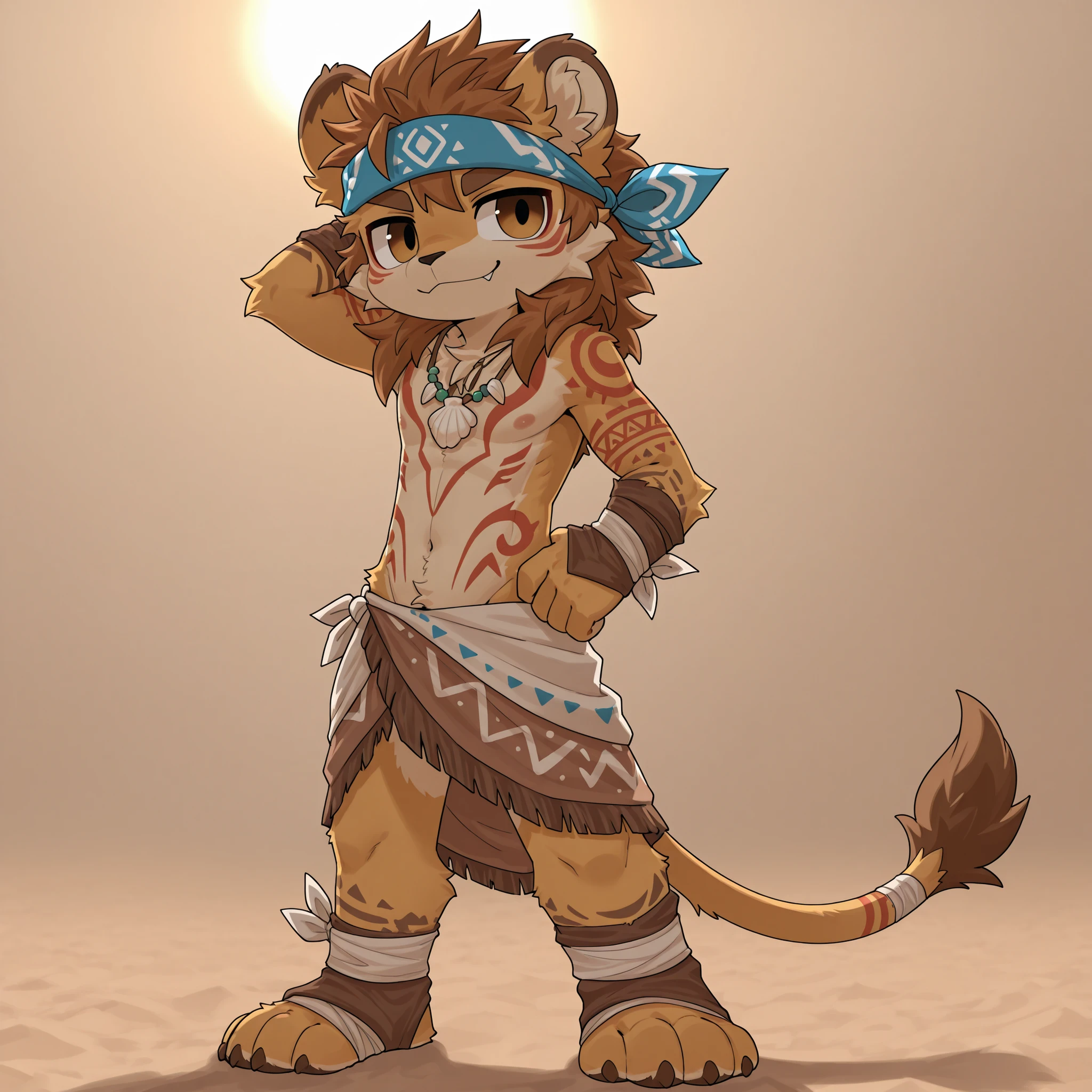 最高品質, 高解像, anthro, 1boy, solo,tribal lion boy, furry,super deformed, shirtless, sun-tanned skin, golden fur, sea breeze hair,no pants, bandana cloth wrapped around waist (tribal style), blue and brown geometric fabric, shell necklace, bead accessories, tribal chest tattoos (wave pattern), simple background, natural lighting, standing on the ground, confident smile, windswept tail, fantasy style, detailed textures, 正面アングル,睾丸,NSFW,玉袋,