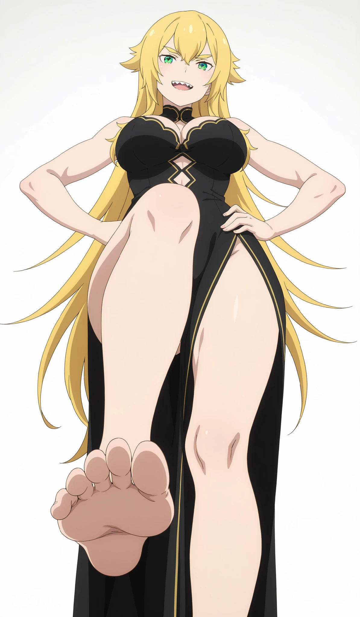 (official art), anime_source, source_anime, Шедевр, лучшее качество, потрясающее качество, ((anime screencap)), anime drawing, (high detail), (masterpiece),(best quality),(ultra-detailed),((best illustration)),((very aesthetic)), 1 girl, Frederica,  thick eyebrows, open mouth, upper teeth only, sharp teeth, Half-close eyes, smile, (smirk), hair flaps, hair between eyes, very long hair, blonde hair, green eyes, big breasts, looks at the viewer, athletic body, long dress , black dress, Cleavage, bare shoulders, ((perfect body)), white background, empty background, (((white background))), hips, big legs, (ideal body proportions, toned biceps, pumped up legs, standing, sole foot, (foot focus), view from below, 