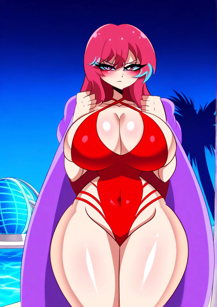 Code geass, Kallen kozuki, 1girl, (((bimbo))), puffy lips, painted lips, thick lips, wide ????, thick thighs, big ??????, huge ???, revealing cleavage, ??????, Smile face, bubble ????, ?????????, hanging ???????, ????????????, ??????, on the Beach, arms up,