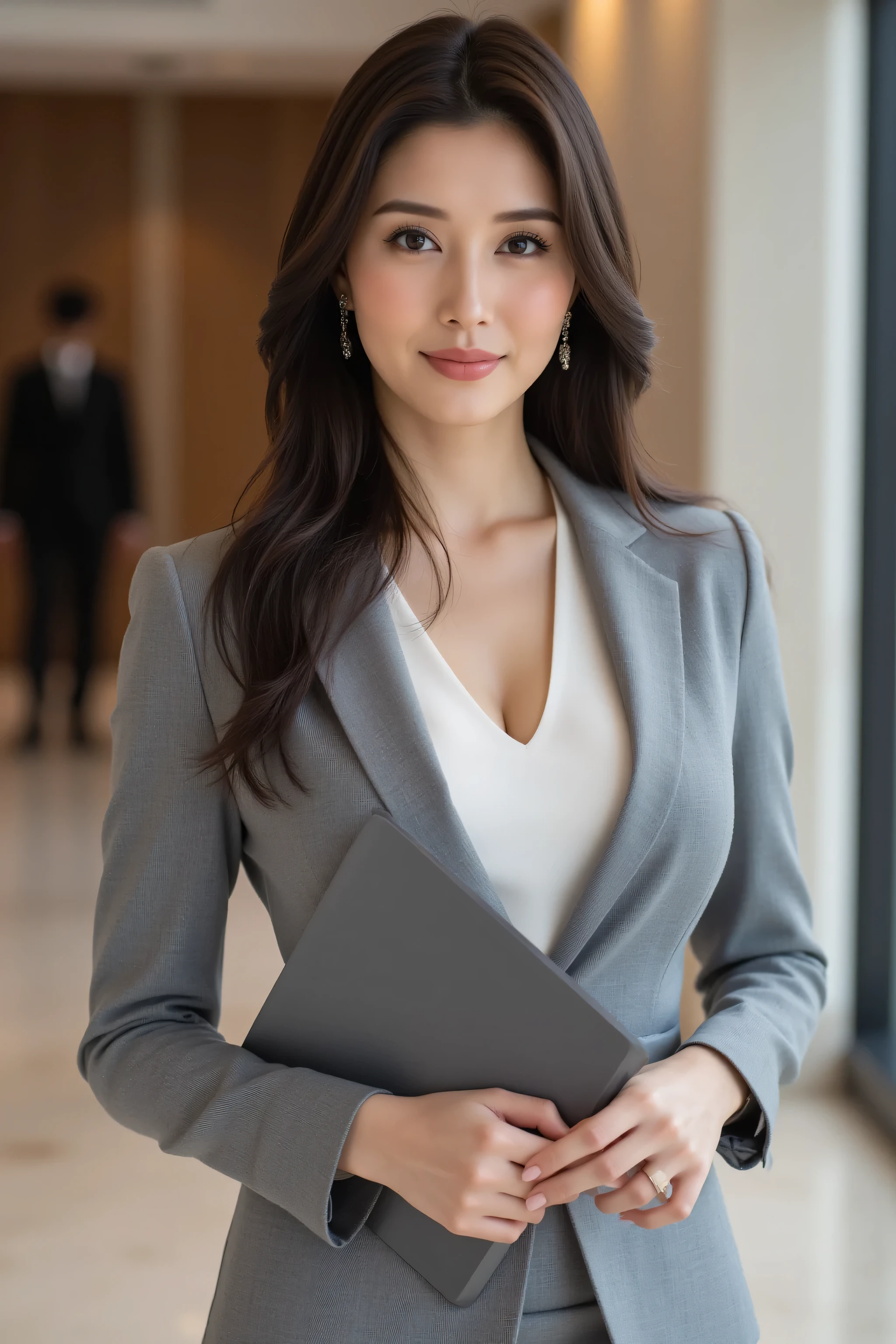 (top quality、best masterpiece、8k、best image quality、winning works)、( beautiful 30 year old woman :1.1)、(Elegant long wavy hair showing forehead:1.3)、dark haired、big breasts、glamorous body、(Elegant Grey Business Suit:1.3)、(Elegant U-neck white inner shirt:1.1)、(standing in the expansive lobby of a high-end luxury wedding venue holding a perfect and accurate clipboard:1.5)、standing gracefully、makeup、 silver striped hair 、ultra high definition hair、Ultra High Resolution Glowing Eyes、Ultra High Resolution Gloss Slip、accurate anatomy、Smile Yan、(Standing in the most elegant pose:1.2)