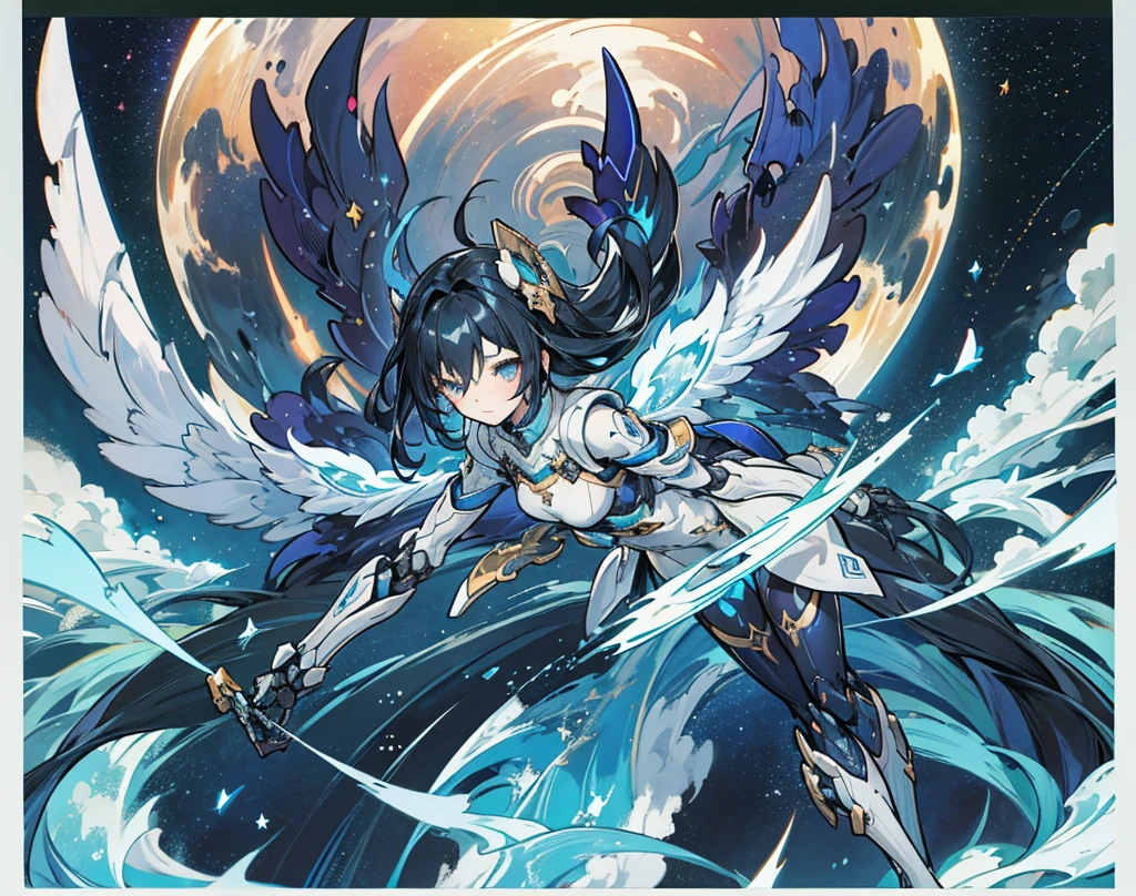 (((dark skin tone))),dark skin male, femboy, dark skin, cute ,red eyes, ((blue mecha hairpin)), dark brown hair medium hair,wearing a black exoskeleton, blue gauntlet's, honkai impact herrscher of reason, full armour mecha_musame, orange gem on chest, fullbody close-up 