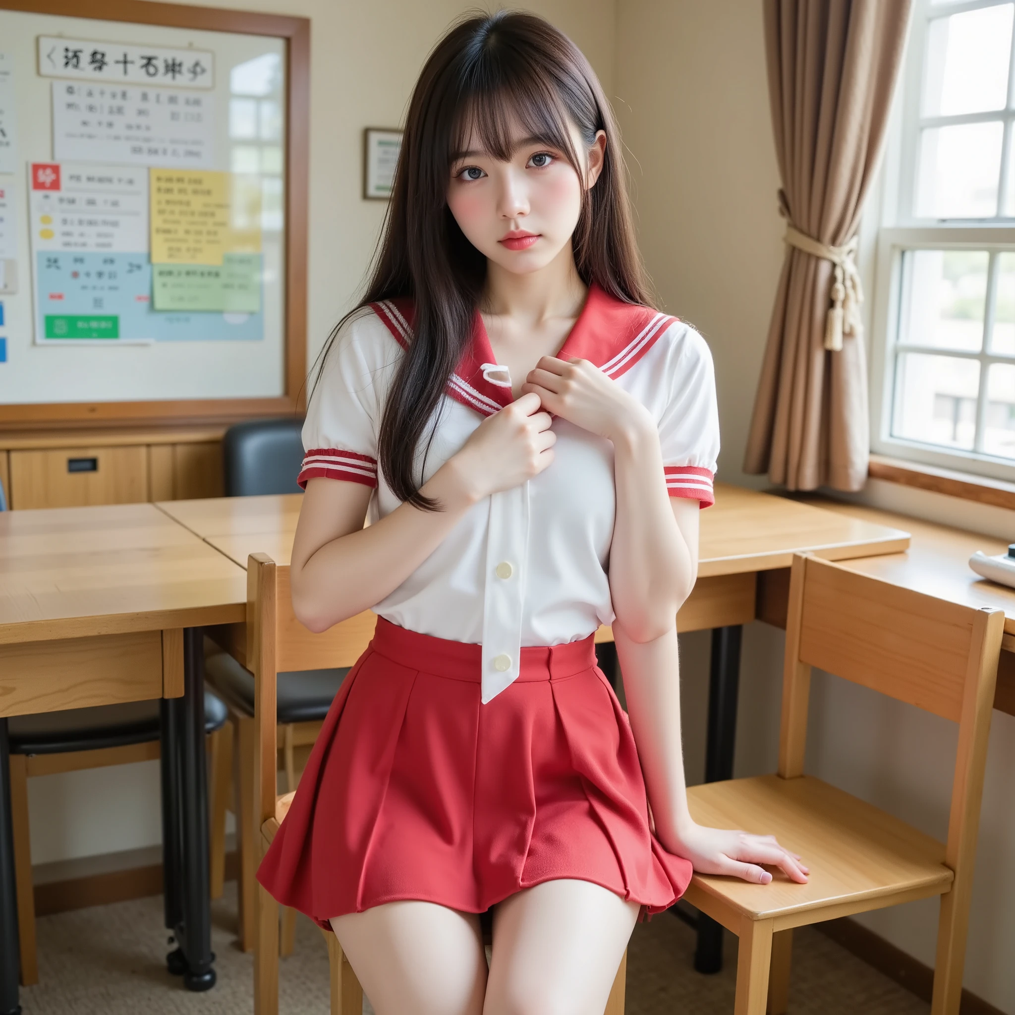 Japanese cute idol, Japanese cute girl, cute, In the school teacher's room 、 beautiful girl in school teacher's room sailor suit , 1 girl is the best , alone, school uniform , Sera Clothing, red skirt , black hair, long hair, watch viewers , socks, masterpiece, top quality, More details, very detailed, 16k, is ridiculous , Japanese , cute, cute, photorealistic, realism, RAW photos in the loop, Real people々 , same , Big Breasts、Put your hands in your 、 sit on chair、