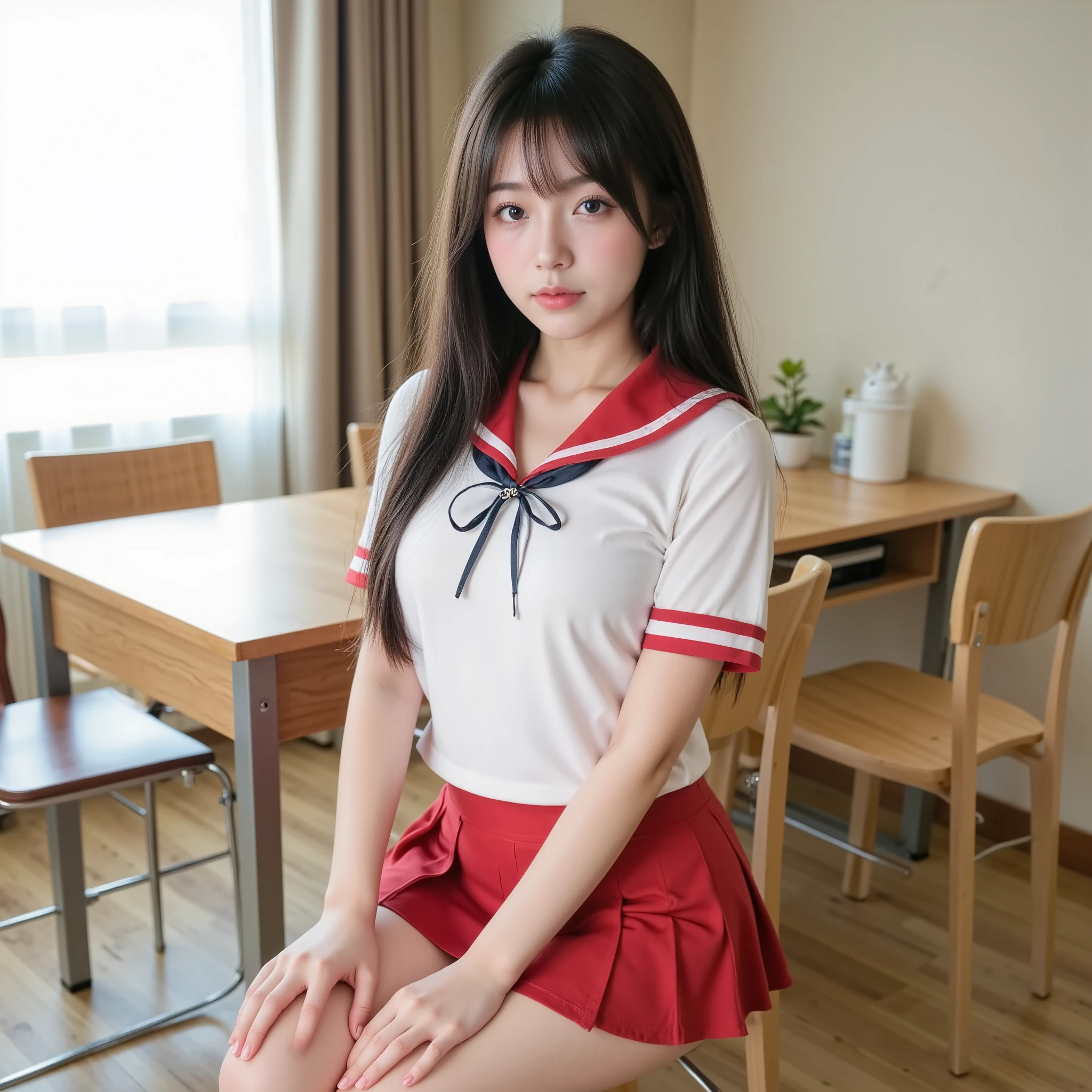 Japanese cute idol, Japanese cute girl, cute, In the school teacher's room 、 beautiful girl in school teacher's room sailor suit , 1 girl is the best , alone, school uniform , Sera Clothing, red skirt , black hair, long hair, watch viewers , socks, masterpiece, top quality, More details, very detailed, 16k, is ridiculous , Japanese , cute, cute, photorealistic, realism, RAW photos in the loop, Real people々 , same , Big Breasts、Put your hands in your crotch、 sit on chair、
