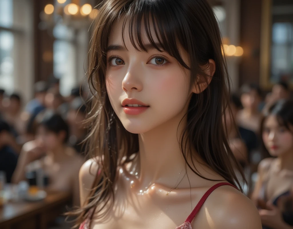 (masterpiece:1.3), high resolution, ultra detailed, extremely detailed CG unity 8k wallpaper, realistic, photo-realistic, RAW photo, beautiful detailed face, pale skin, realistic glistening skin, detailed cloth texture, detailed hair texture, Perfect body, Beautiful Face, accurate, Anatomically correct, Highly detailed face and skin texture, natural neck length, (beautiful hands), (fair skin:1.1), (well-aligned teeth:1.1), (Sweaty skin:1.2), baby face,
BREAK, 
Detailed eyes, symmetric eyes, Light Brown eyes, Double eyelids, Thin eyebrows, (Glossy lips:1.4), beautiful smile, ((A face with waiting for a kiss:1.2)), (blush:1.1), (A sparkling small hair accessory:1.1), 
BREAK, 
(A classy and Cute woman1.3), (, , , navel:1.2), 
BREAK, 
medium large breasts, slender figure, firm abs, 
((updo hairstyle, Dark blonde hair, wavy hair, long hair, asymmetric bangs:1.2)),  (cowboy shot:1.2), (looking at viewer), (Focus on face:1.2), From above, 
BREAK, 
((Sitting side by side on the backseat of a flying helicopter)), (((A view of tower outside the window at Night:1.3))),