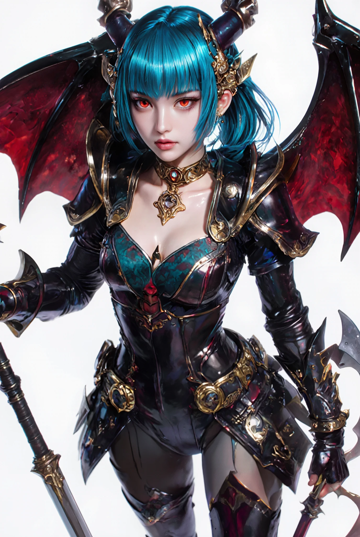 (best quality, 4k, highres , masterpiece:1.2), ultra-detailed, (realistic, photorealistic:1.3) , (highest quality), (hyper detailed), Light Layer, Shiny skin, (intricate detailed, Tight clothes, Devil's Wings, hair ornaments:1.2), From above, saphire blue Hair, golden choker, Long Hair, Hime cut, woman, Blunt bangs, Side Lock, Red iridescent eyes, Holding a walking stick, Holding a scythe, Holding a sword, (young woman:1.1), Side Ponytail, (Simple Background:1.1) ,