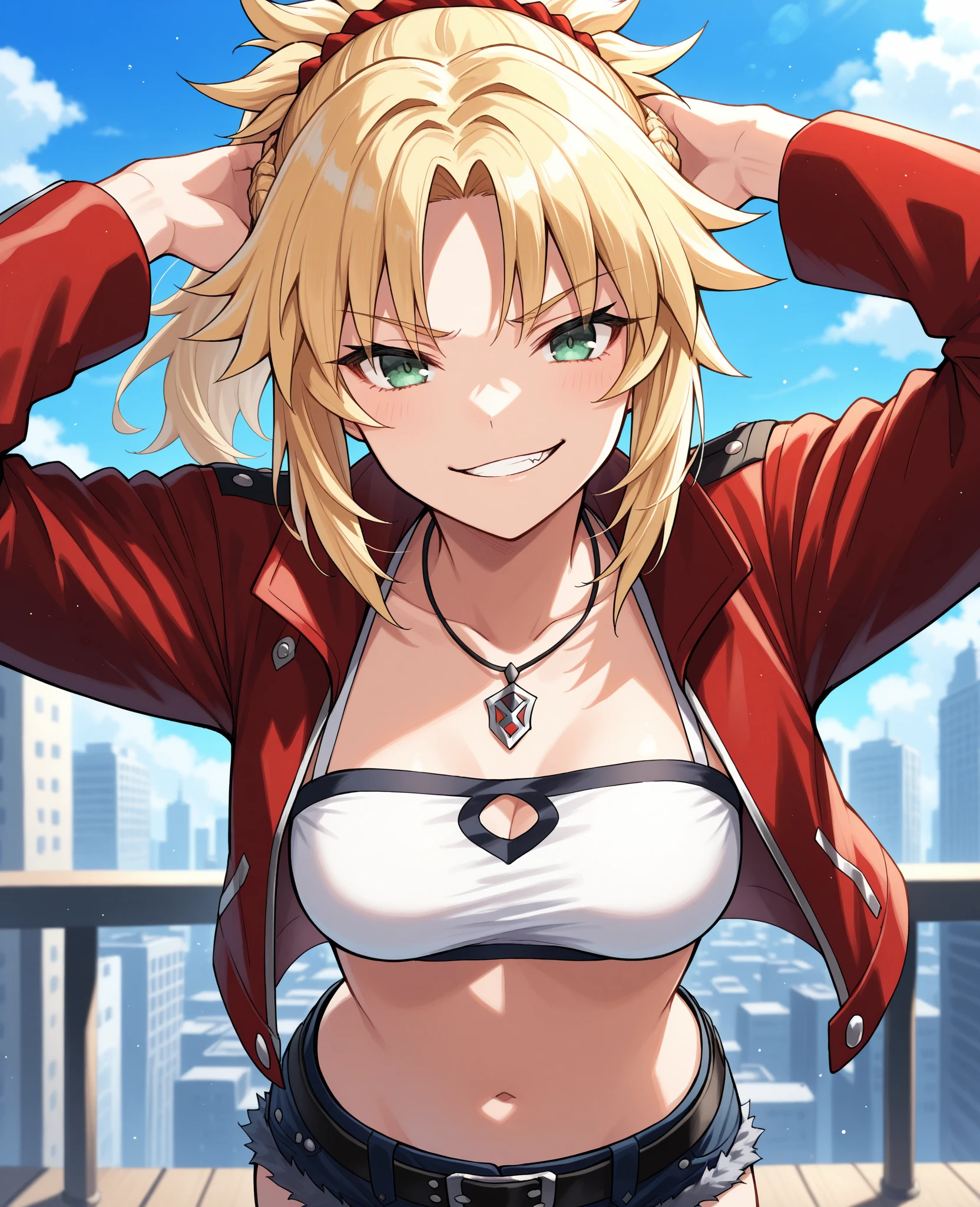 fgomordred, modred, (green eyes:1.5), blonde hair, ponytail, short hair, scrunchie, red scrunchie, hair scrunchie, (small breast:1.2), , , , , dripping , wet 
BREAK blonde hair, denim, denim shorts, jacket, jewelry, midriff, navel, necklace, red jacket, torn short shorts, torn shorts, torn tube top, white top,
BREAK looking at viewer,
BREAK outdoors,
BREAK (masterpiece:1.2), best quality, high resolution, unity 8k wallpaper, (illustration:0.8), (beautiful detailed eyes:1.6), extremely detailed face, perfect lighting, extremely detailed CG, (perfect hands, perfect ),