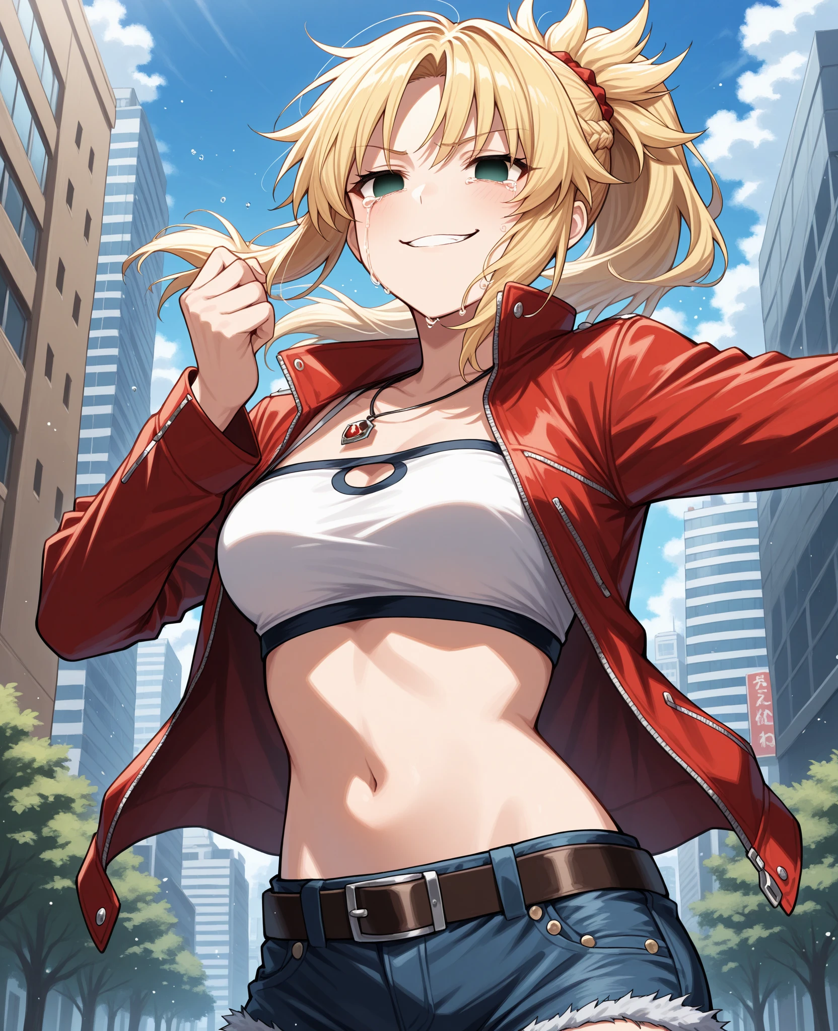 score_9, score_8_up, score_7_up, score_6_up, source_anime, BREAK 1girl, solo, <lora:mordred-pdxl-nvwls-v1-000005:1> casualMord, blonde hair, green eyes, ponytail, necklace, white tube top, midriff, red jacket, belt, short shorts, denim shorts, looking at you, smirk, city, blue sky, upper body, medium breasts