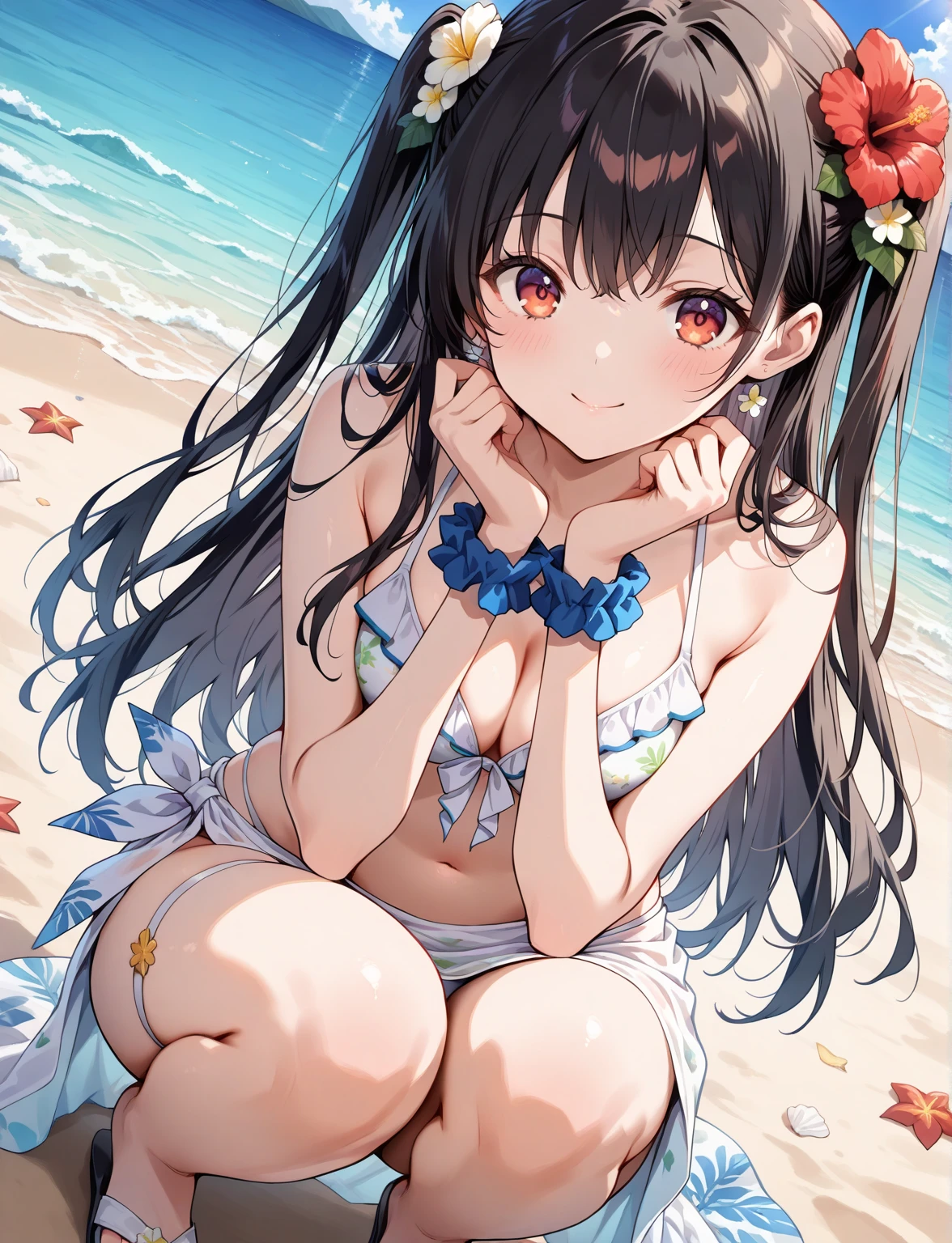 yuukikonno, Yuki Konno, hair band, Long Hair, Pointy Ears, Purple Hair, (Red eyes:1.5), (Small breasts:1.2), Grin,smile,purple bikini swimsuit,Oversized red t-shirt,One Shoulder,barefoot,Palm tree,He has a swim ring on his right arm,Palm tree,True Summer,whole bodyがイラストに入るように,walk,
break looking at viewer, whole body,(Cowboy Shot:1. 5)
break outdoors, Beach,Sandy Beach,
break (masterpiece:1.2), highest quality, High resolution, unity 8k wallpaper, (shape:0.8), (Beautiful details:1.6), Highly detailed face, Perfect lighting, Extremely detailed CG, (Perfect hands, Perfect ),