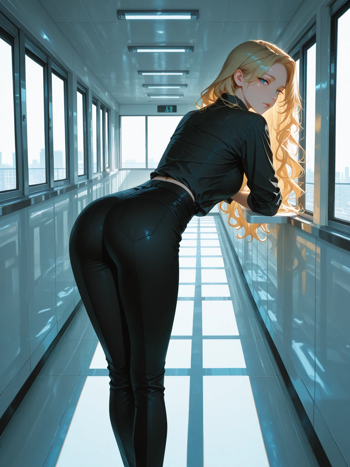 {{masterpiece, best quality, Aletta ocean extremely detailed CG, unity 8k wallpaper, Eastern European face, cinematic lighting, lens flare}}, a girl leaning against a wall reading newspaper,  full body view, thick body, long blond hair, green eyes, (Aletta ocean face)